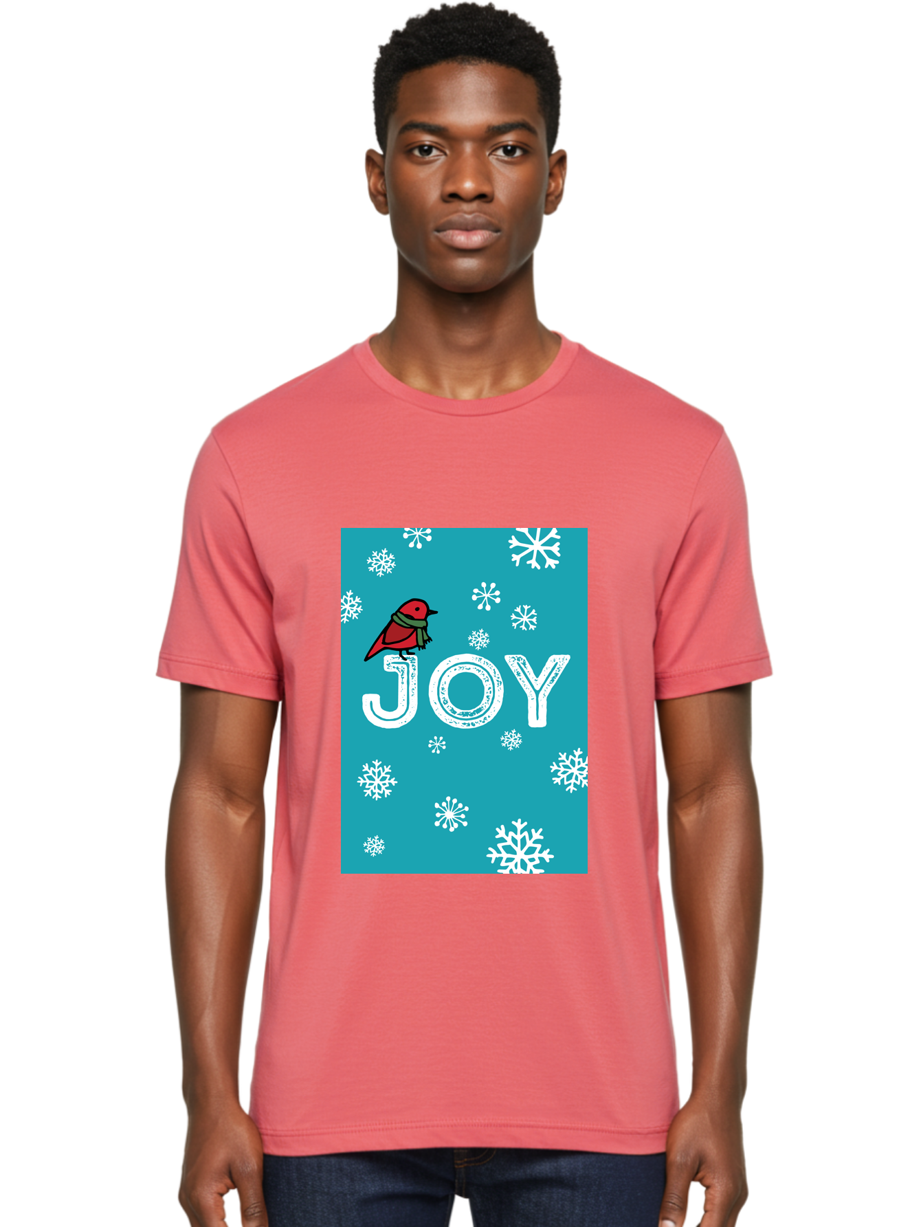 Joy Men'S Graphic Tee, 100% Cotton, Comfortable Casual Summer Wear, Machine Washable, Holiday Cheer, Red Bird, Scarf, Snowflakes, Winter Wonderland, Festive Design, Joyful Atmosphere, Christmas Vibe, Seasonal Greetings -  Aaa955
