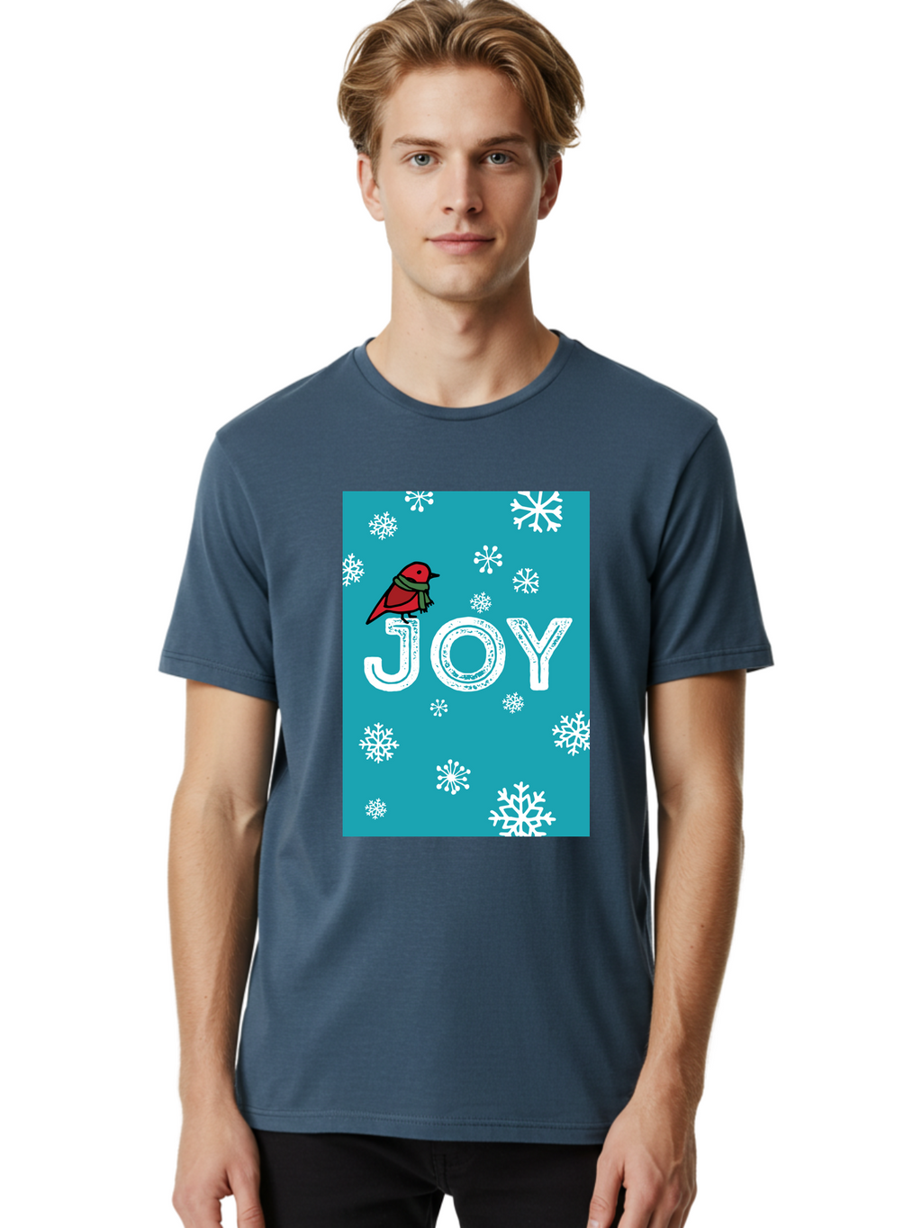 Joy Men'S Graphic Tee, 100% Cotton, Comfortable Casual Summer Wear, Machine Washable, Holiday Cheer, Red Bird, Scarf, Snowflakes, Winter Wonderland, Festive Design, Joyful Atmosphere, Christmas Vibe, Seasonal Greetings -  Aaa955