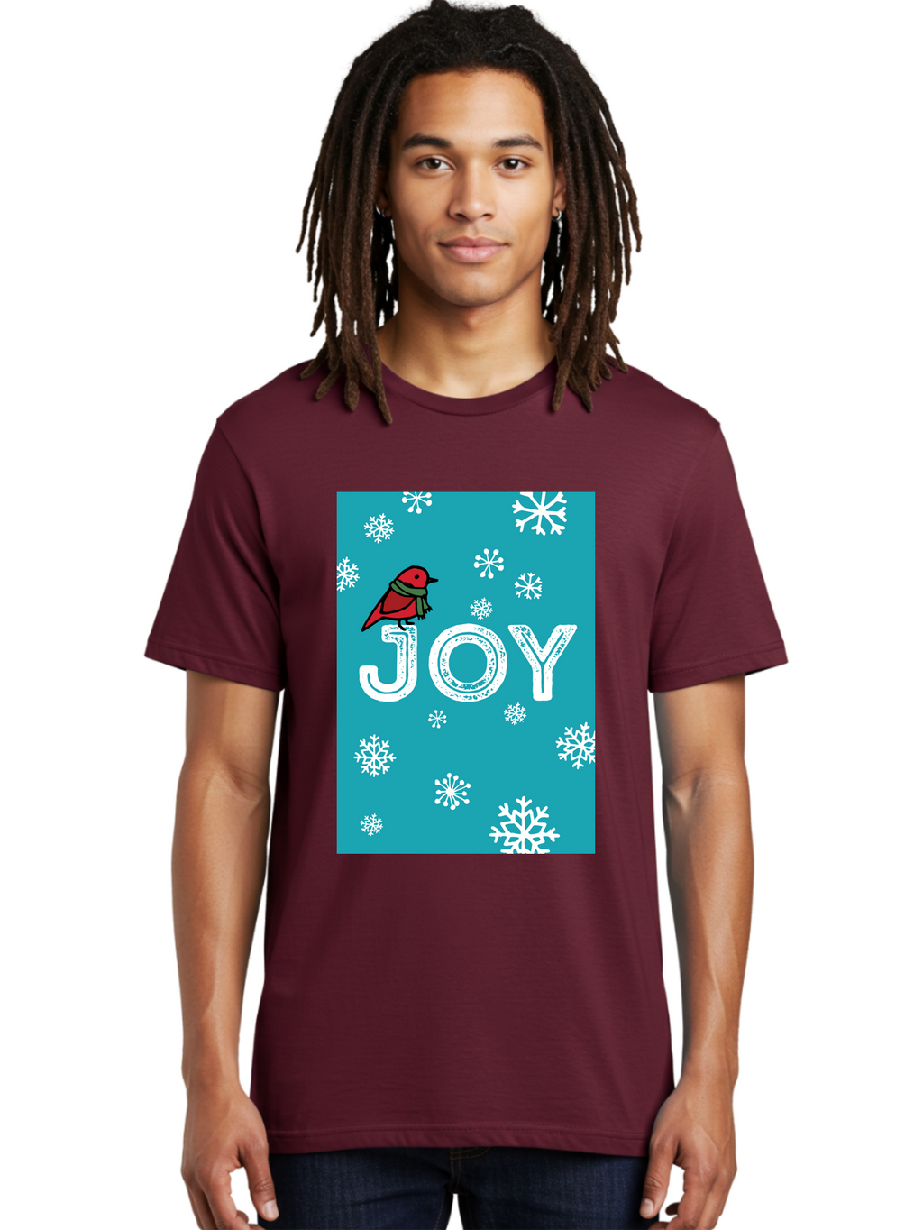 Joy Men'S Graphic Tee, 100% Cotton, Comfortable Casual Summer Wear, Machine Washable, Holiday Cheer, Red Bird, Scarf, Snowflakes, Winter Wonderland, Festive Design, Joyful Atmosphere, Christmas Vibe, Seasonal Greetings -  Aaa955