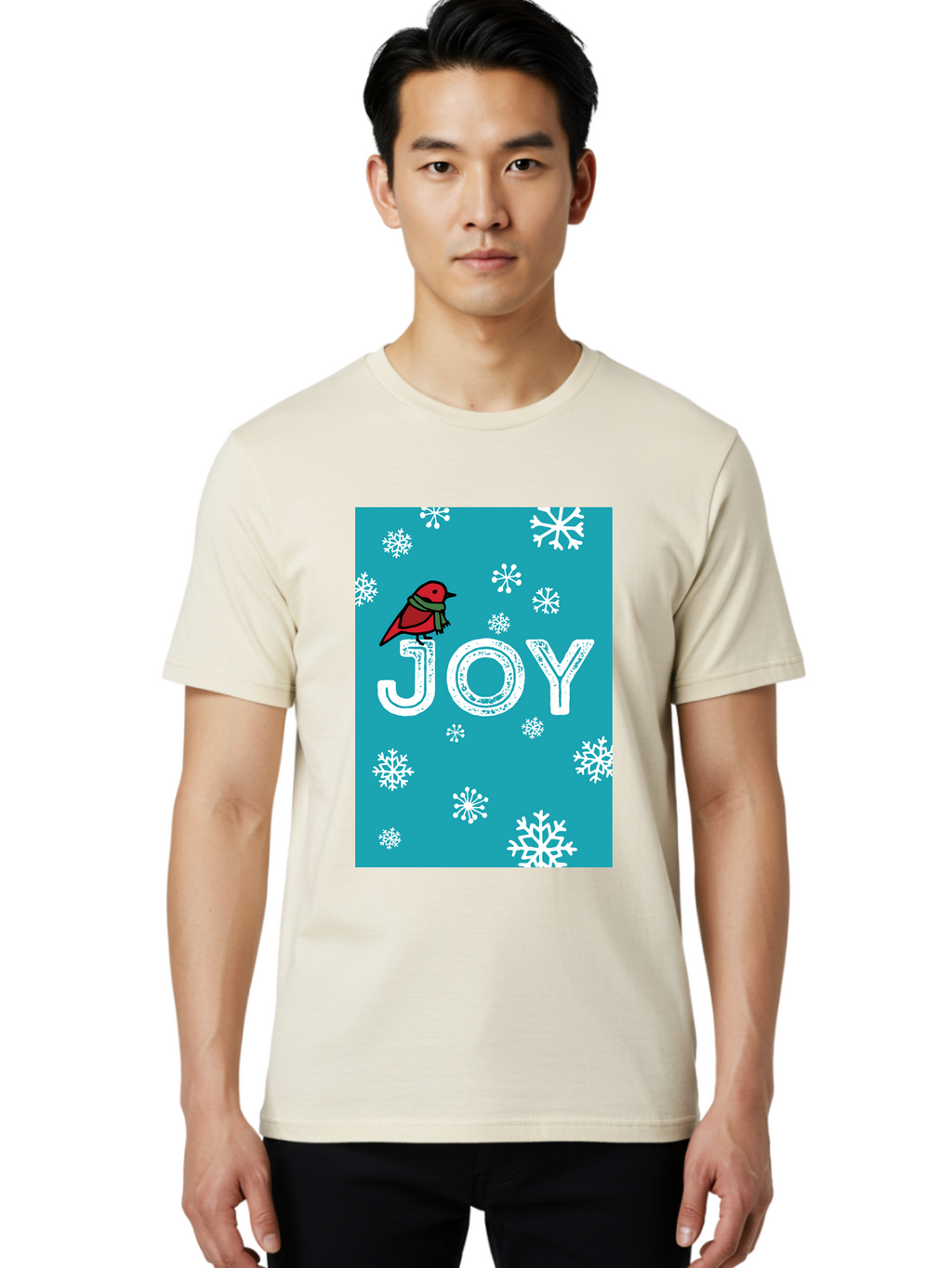 Joy Men'S Graphic Tee, 100% Cotton, Comfortable Casual Summer Wear, Machine Washable, Holiday Cheer, Red Bird, Scarf, Snowflakes, Winter Wonderland, Festive Design, Joyful Atmosphere, Christmas Vibe, Seasonal Greetings -  Aaa955