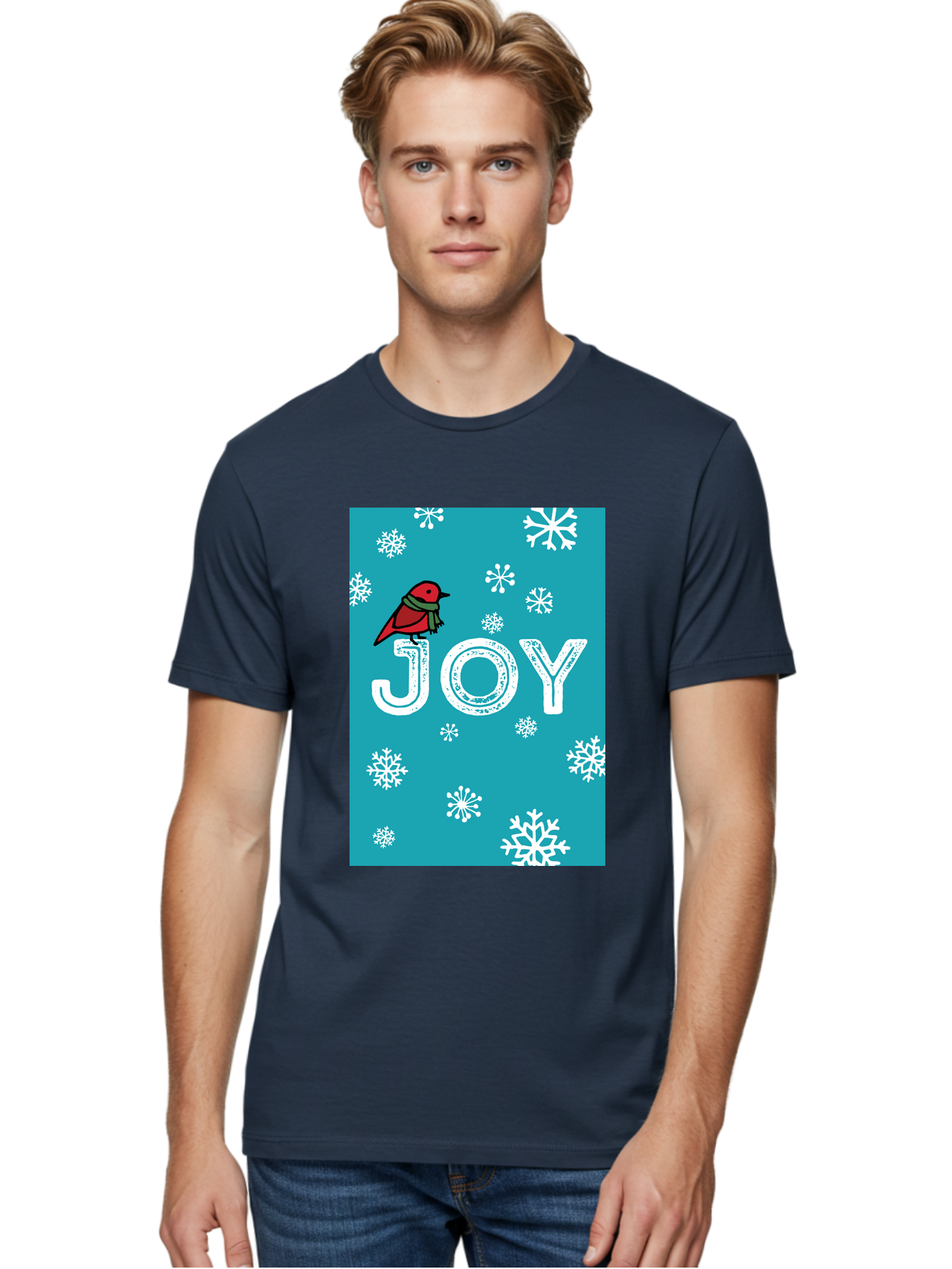 Joy Men'S Graphic Tee, 100% Cotton, Comfortable Casual Summer Wear, Machine Washable, Holiday Cheer, Red Bird, Scarf, Snowflakes, Winter Wonderland, Festive Design, Joyful Atmosphere, Christmas Vibe, Seasonal Greetings -  Aaa955