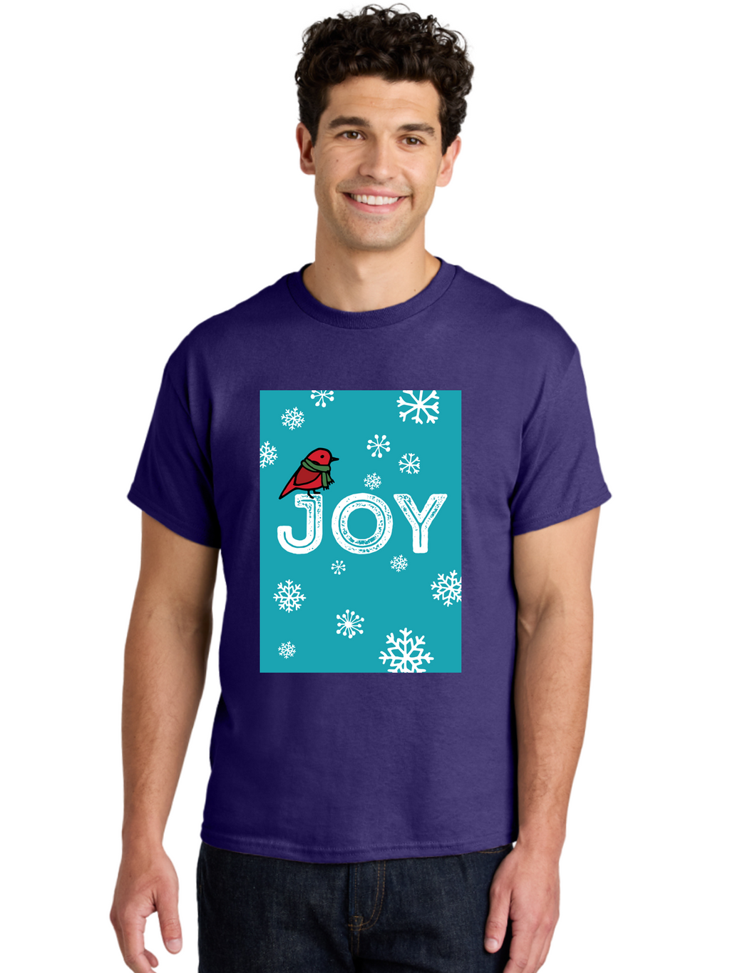 Joy Men'S Graphic Tee, 100% Cotton, Comfortable Casual Summer Wear, Machine Washable, Holiday Cheer, Red Bird, Scarf, Snowflakes, Winter Wonderland, Festive Design, Joyful Atmosphere, Christmas Vibe, Seasonal Greetings -  Aaa955