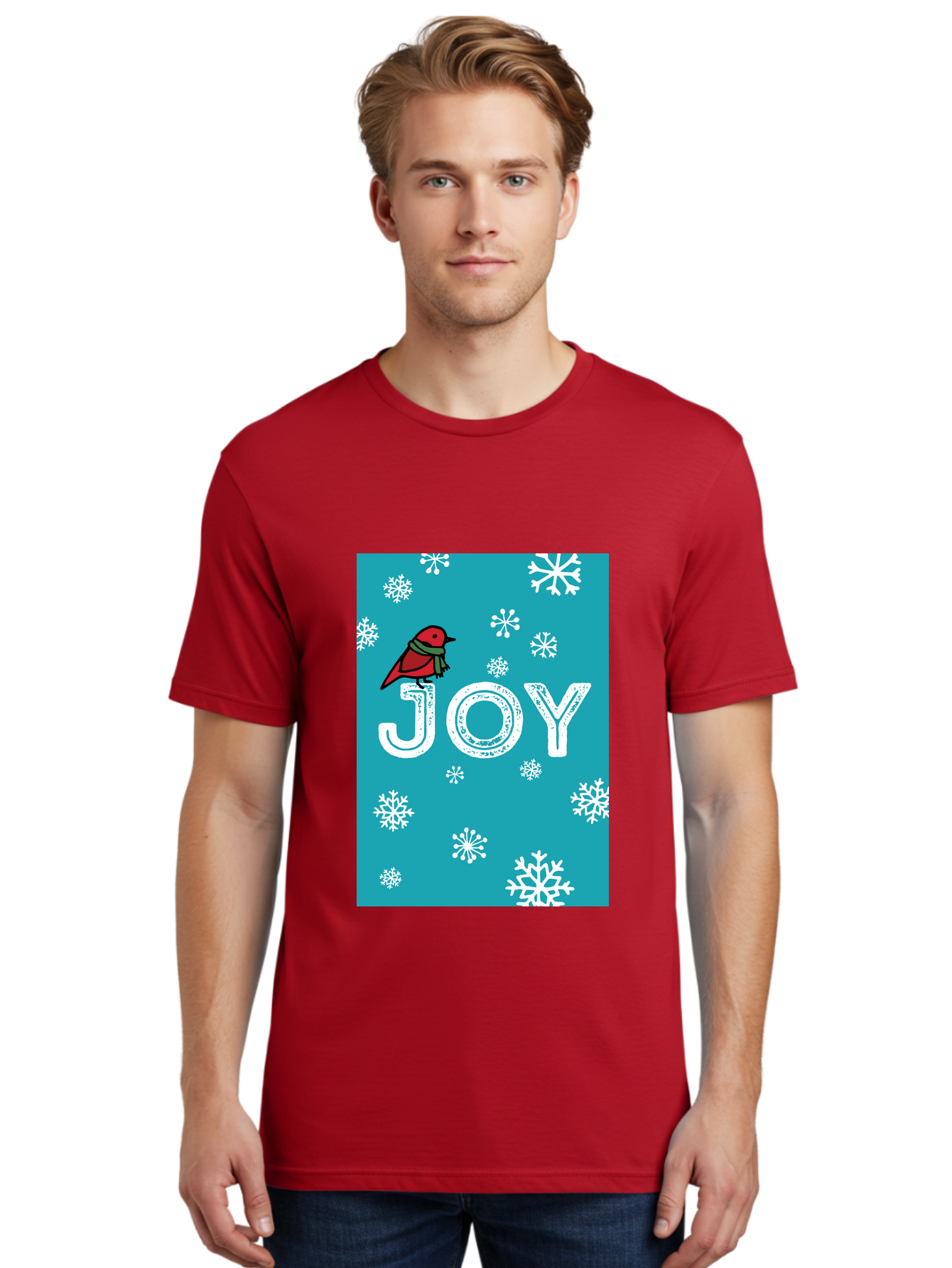 Joy Men'S Graphic Tee, 100% Cotton, Comfortable Casual Summer Wear, Machine Washable, Holiday Cheer, Red Bird, Scarf, Snowflakes, Winter Wonderland, Festive Design, Joyful Atmosphere, Christmas Vibe, Seasonal Greetings -  Aaa955