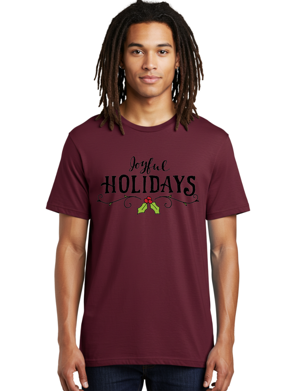 Joyful-Holidays-1 Men'S Graphic Tee, 100% Cotton, Comfortable Casual Summer Wear, Machine Washable, Holiday Wishes, Festive Greeting, Joyful Holidays, Holly Decoration, Red Berries, Vintage Style, Winter Season, Holiday Cheer -  Aaa956