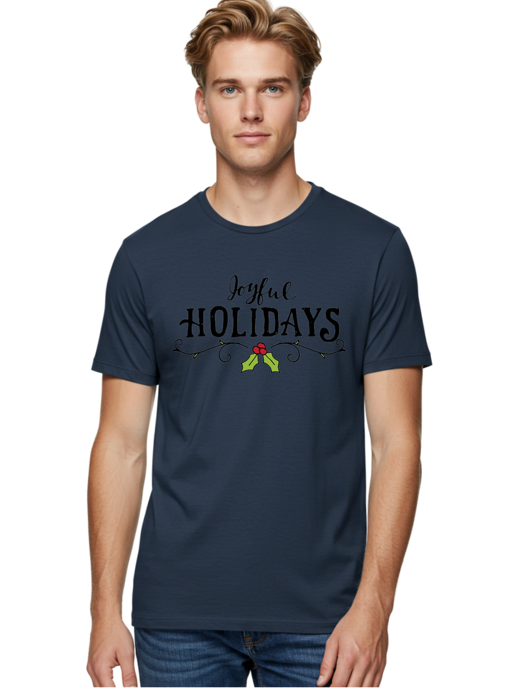 Joyful-Holidays-1 Men'S Graphic Tee, 100% Cotton, Comfortable Casual Summer Wear, Machine Washable, Holiday Wishes, Festive Greeting, Joyful Holidays, Holly Decoration, Red Berries, Vintage Style, Winter Season, Holiday Cheer -  Aaa956