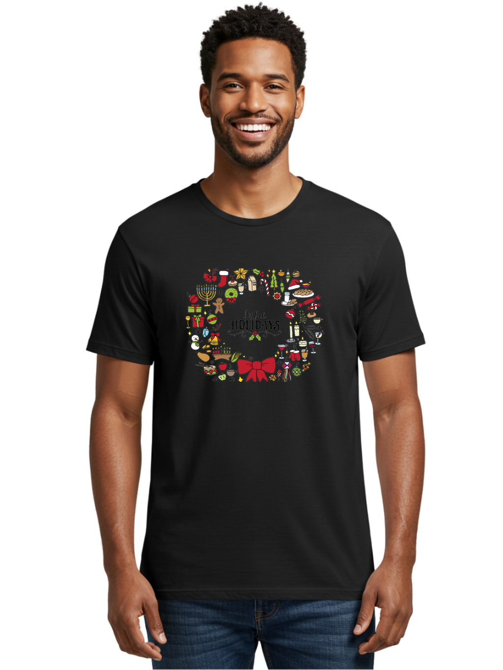 Joyful-Holidays Men'S Graphic Tee, 100% Cotton, Comfortable Casual Summer Wear, Machine Washable, Christmas Wreath, Holiday Decorations, Festive Icons, Joyful Holidays, Christmas Gifts, Holiday Treats, Menorah, Christmas Stocking, -  Aaa957