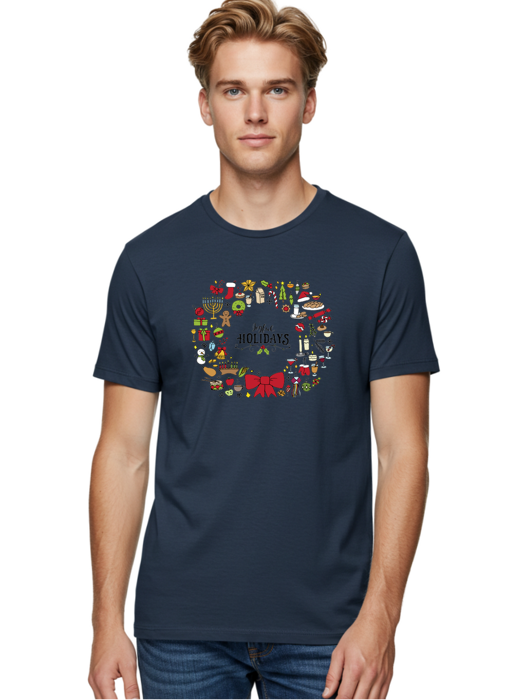 Joyful-Holidays Men'S Graphic Tee, 100% Cotton, Comfortable Casual Summer Wear, Machine Washable, Christmas Wreath, Holiday Decorations, Festive Icons, Joyful Holidays, Christmas Gifts, Holiday Treats, Menorah, Christmas Stocking, -  Aaa957