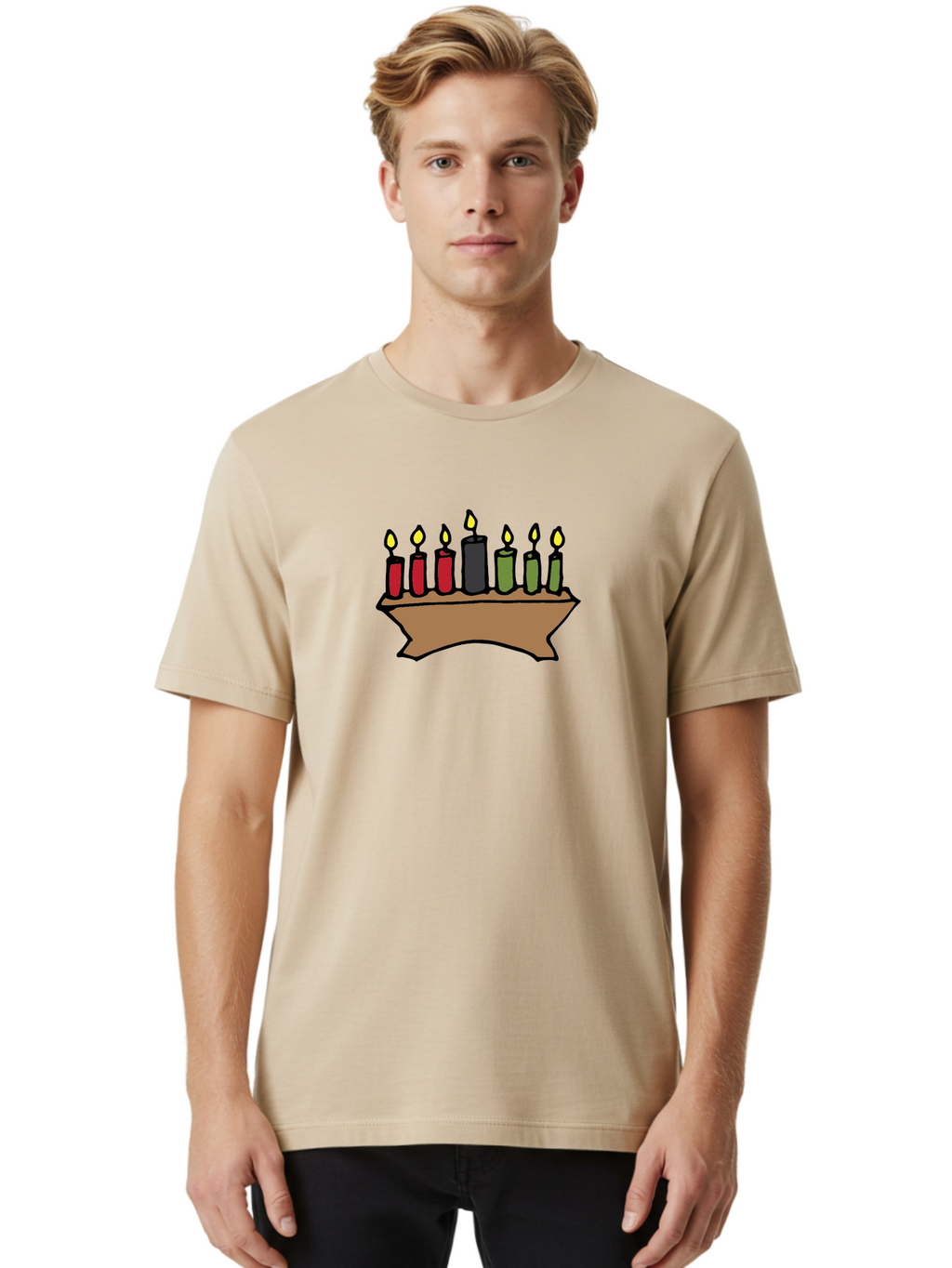 Kwanzaa-Kinara Men'S Graphic Tee, 100% Cotton, Comfortable Casual Summer Wear, Machine Washable, Kwanzaa Kinara With Seven Candles, Red, Black, Green Candles, Lit Flames, African Heritage, Cultural Celebration, Traditional Symbols, -  Aaa958