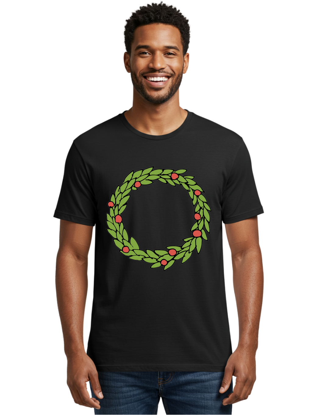 Laurel-Wreath Men'S Graphic Tee, 100% Cotton, Comfortable Casual Summer Wear, Machine Washable, Laurel Wreath, Green Leaves, Red Berries, Circular Design, Symbolic Motif, Traditional Emblem, Vintage Decoration, Classic Iconography, -  Aaa960