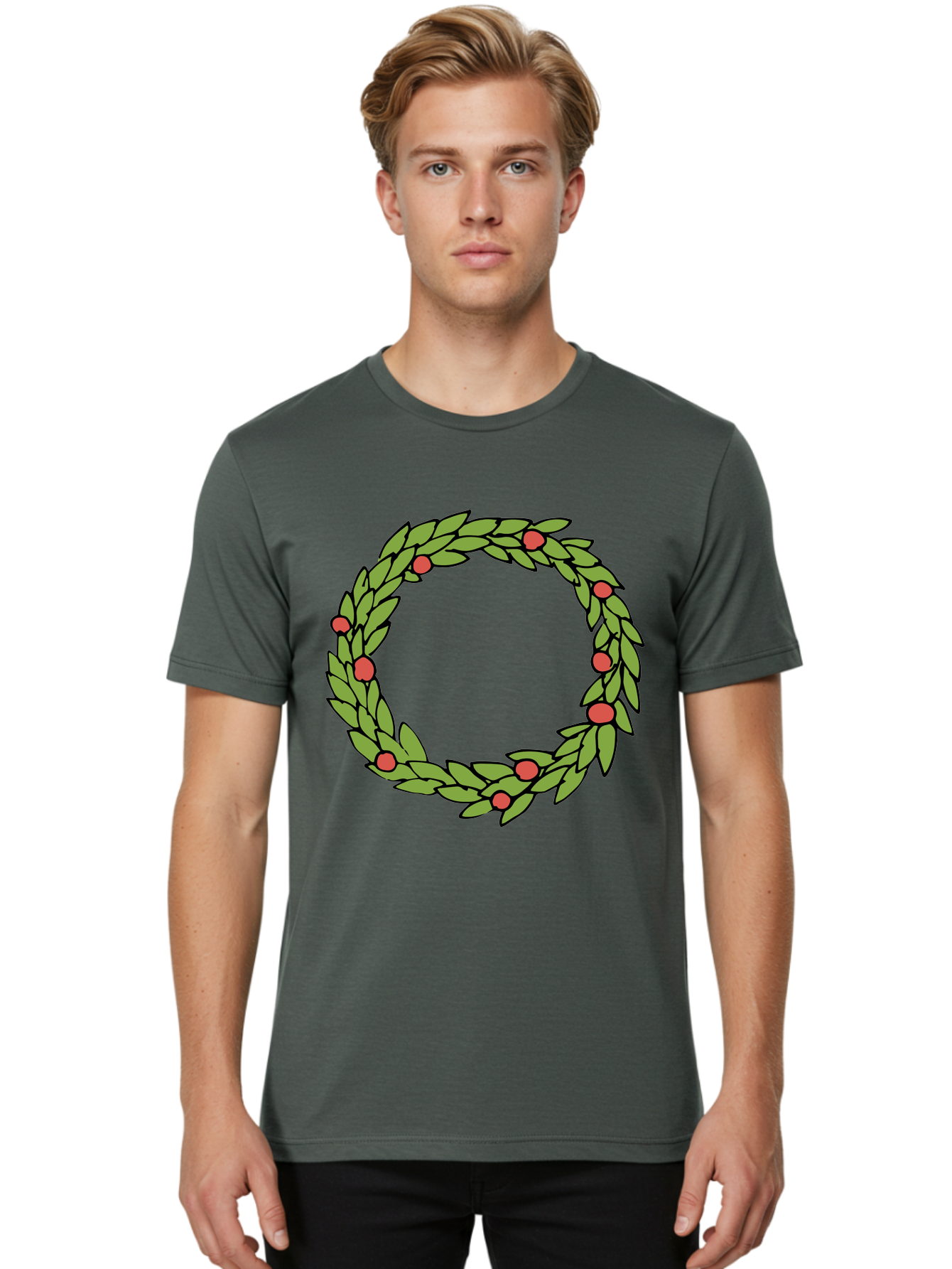 Laurel-Wreath Men'S Graphic Tee, 100% Cotton, Comfortable Casual Summer Wear, Machine Washable, Laurel Wreath, Green Leaves, Red Berries, Circular Design, Symbolic Motif, Traditional Emblem, Vintage Decoration, Classic Iconography, -  Aaa960