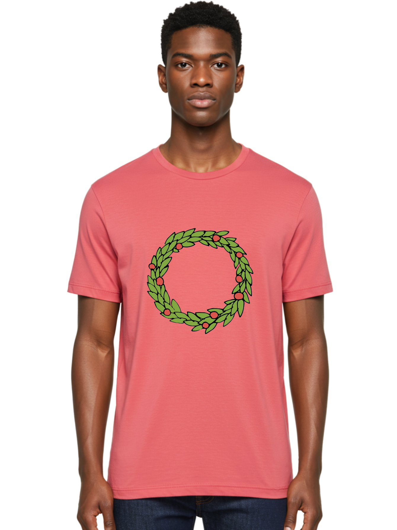 Laurel-Wreath Men'S Graphic Tee, 100% Cotton, Comfortable Casual Summer Wear, Machine Washable, Laurel Wreath, Green Leaves, Red Berries, Circular Design, Symbolic Motif, Traditional Emblem, Vintage Decoration, Classic Iconography, -  Aaa960