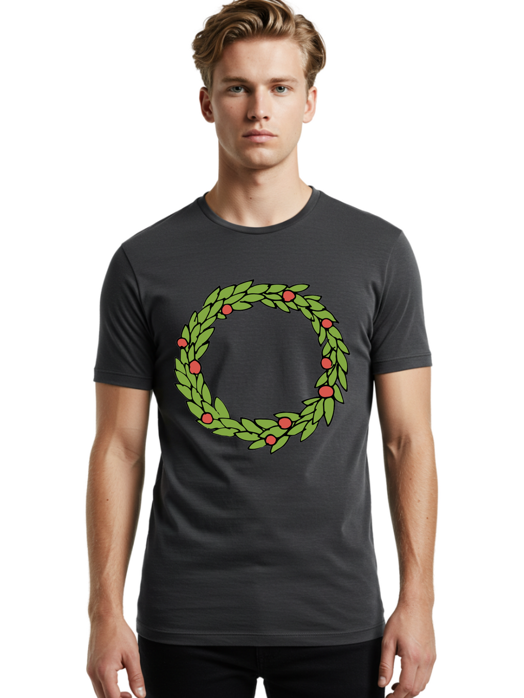 Laurel-Wreath Men'S Graphic Tee, 100% Cotton, Comfortable Casual Summer Wear, Machine Washable, Laurel Wreath, Green Leaves, Red Berries, Circular Design, Symbolic Motif, Traditional Emblem, Vintage Decoration, Classic Iconography, -  Aaa960
