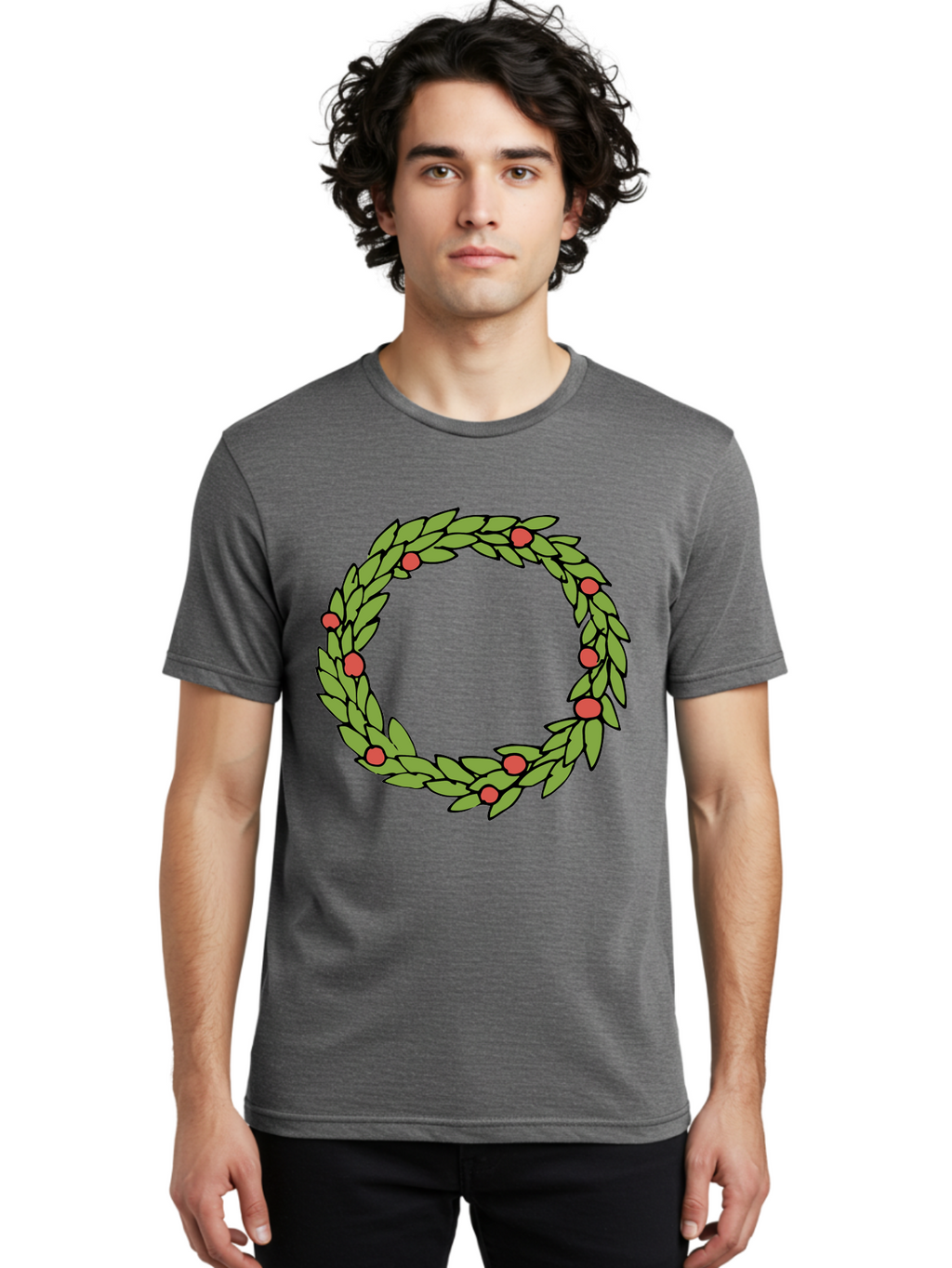 Laurel-Wreath Men'S Graphic Tee, 100% Cotton, Comfortable Casual Summer Wear, Machine Washable, Laurel Wreath, Green Leaves, Red Berries, Circular Design, Symbolic Motif, Traditional Emblem, Vintage Decoration, Classic Iconography, -  Aaa960