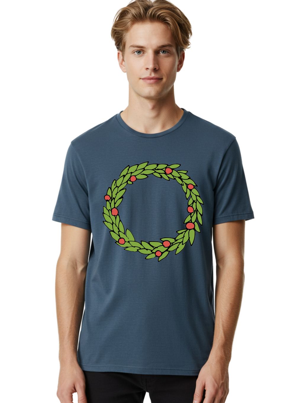Laurel-Wreath Men'S Graphic Tee, 100% Cotton, Comfortable Casual Summer Wear, Machine Washable, Laurel Wreath, Green Leaves, Red Berries, Circular Design, Symbolic Motif, Traditional Emblem, Vintage Decoration, Classic Iconography, -  Aaa960