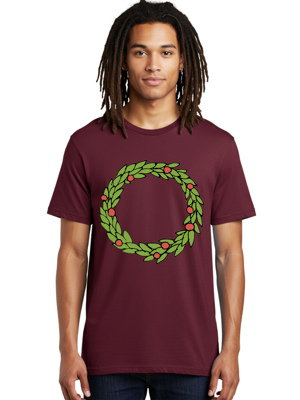 Laurel-Wreath Men'S Graphic Tee, 100% Cotton, Comfortable Casual Summer Wear, Machine Washable, Laurel Wreath, Green Leaves, Red Berries, Circular Design, Symbolic Motif, Traditional Emblem, Vintage Decoration, Classic Iconography, -  Aaa960
