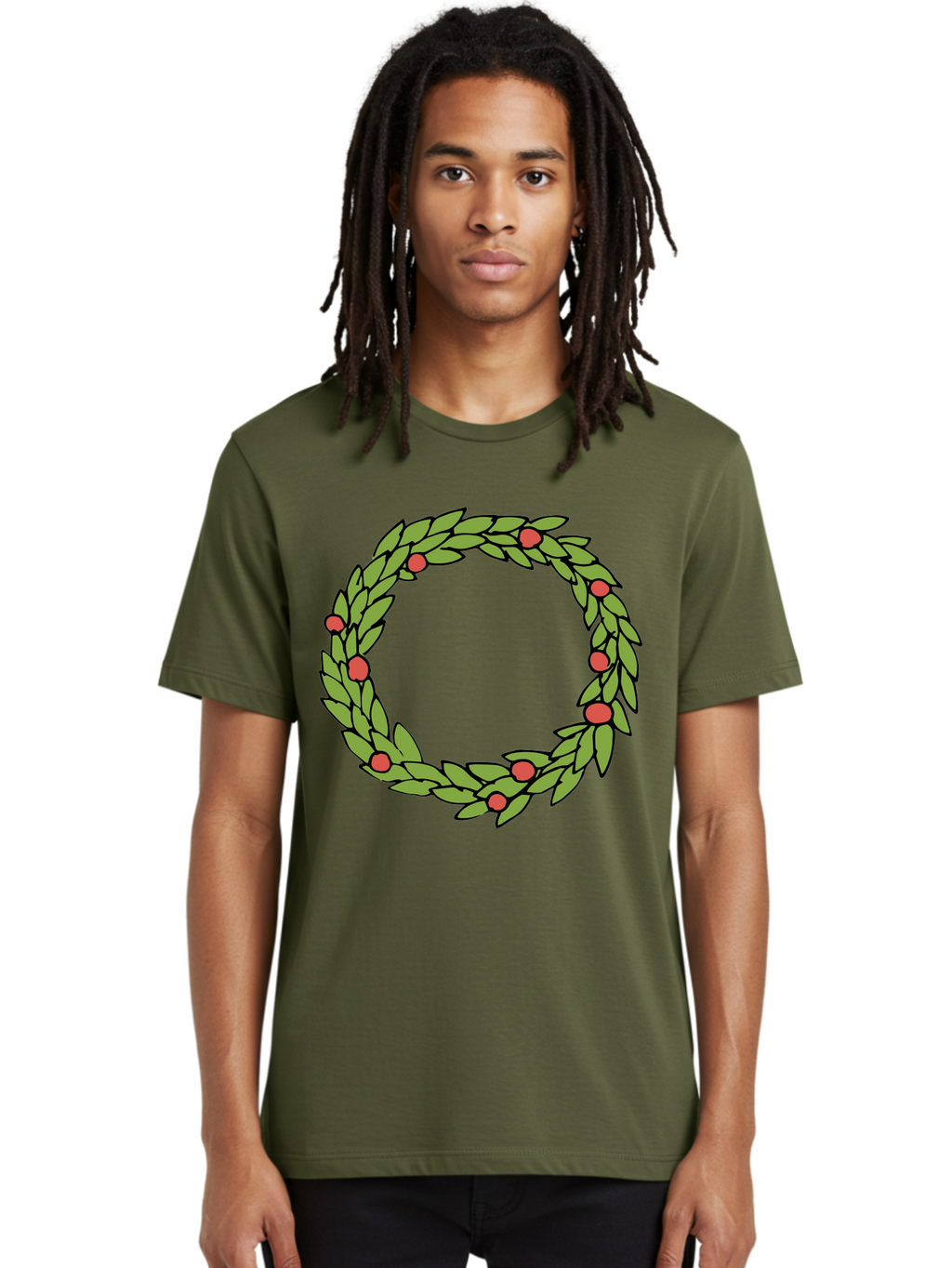 Laurel-Wreath Men'S Graphic Tee, 100% Cotton, Comfortable Casual Summer Wear, Machine Washable, Laurel Wreath, Green Leaves, Red Berries, Circular Design, Symbolic Motif, Traditional Emblem, Vintage Decoration, Classic Iconography, -  Aaa960