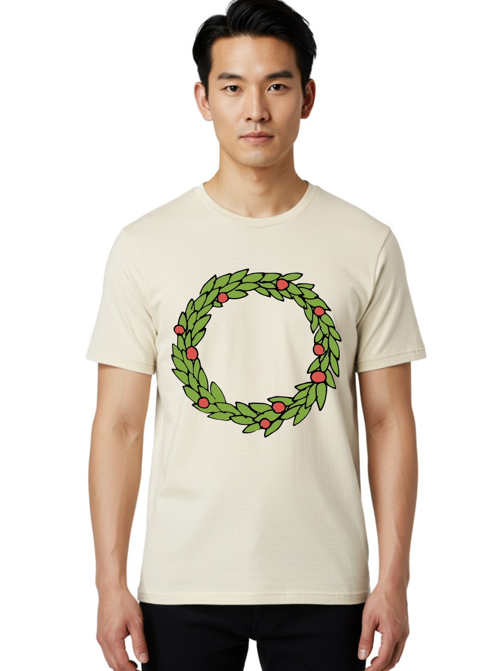 Laurel-Wreath Men'S Graphic Tee, 100% Cotton, Comfortable Casual Summer Wear, Machine Washable, Laurel Wreath, Green Leaves, Red Berries, Circular Design, Symbolic Motif, Traditional Emblem, Vintage Decoration, Classic Iconography, -  Aaa960