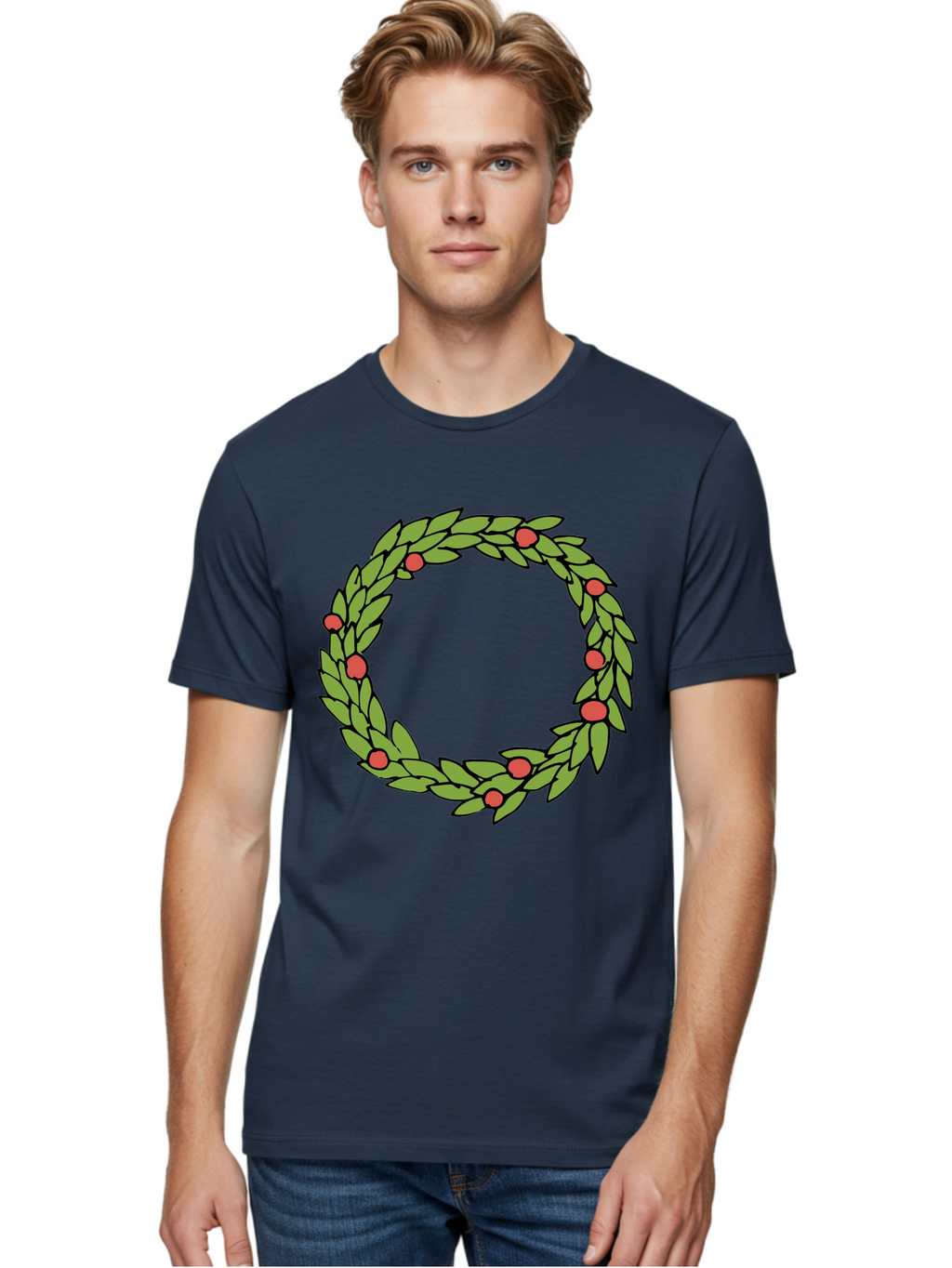 Laurel-Wreath Men'S Graphic Tee, 100% Cotton, Comfortable Casual Summer Wear, Machine Washable, Laurel Wreath, Green Leaves, Red Berries, Circular Design, Symbolic Motif, Traditional Emblem, Vintage Decoration, Classic Iconography, -  Aaa960