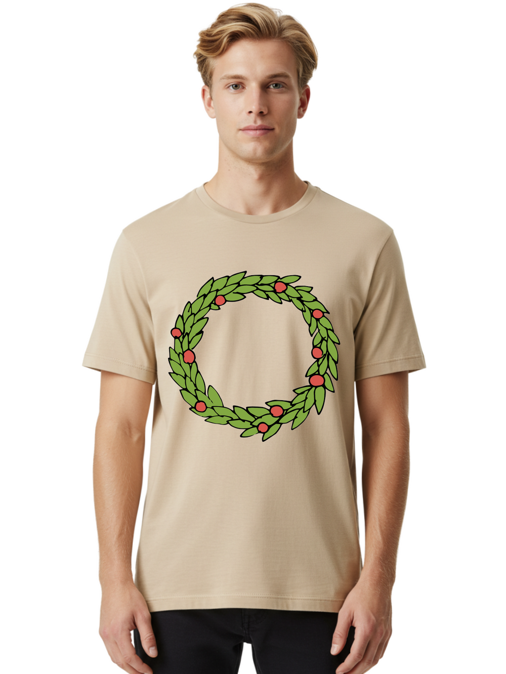 Laurel-Wreath Men'S Graphic Tee, 100% Cotton, Comfortable Casual Summer Wear, Machine Washable, Laurel Wreath, Green Leaves, Red Berries, Circular Design, Symbolic Motif, Traditional Emblem, Vintage Decoration, Classic Iconography, -  Aaa960