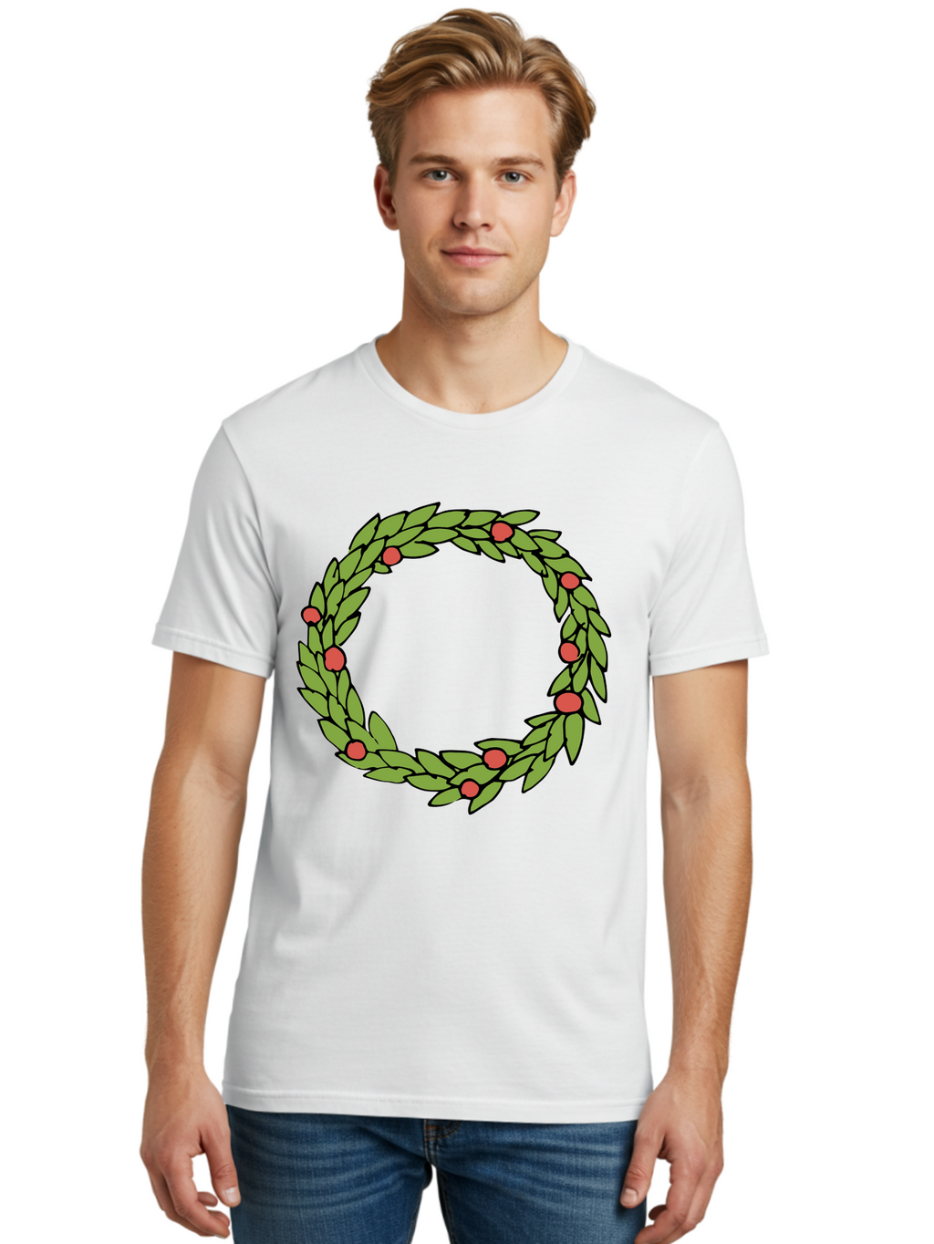 Laurel-Wreath Men'S Graphic Tee, 100% Cotton, Comfortable Casual Summer Wear, Machine Washable, Laurel Wreath, Green Leaves, Red Berries, Circular Design, Symbolic Motif, Traditional Emblem, Vintage Decoration, Classic Iconography, -  Aaa960