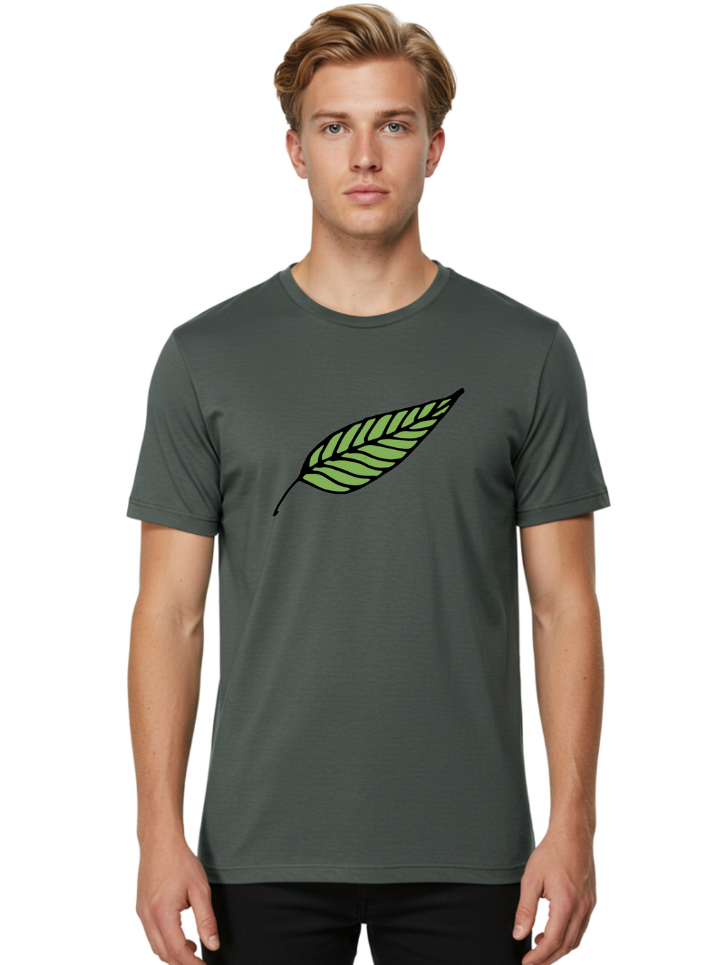 Leaf Men'S Graphic Tee, 100% Cotton, Comfortable Casual Summer Wear, Machine Washable, Leaf Icon, Olive Branch Symbol, Simple Illustration, Black Outline, Green Leaf, Minimalist Design, Symbolic Representation, Peace Symbol, -  Aaa965