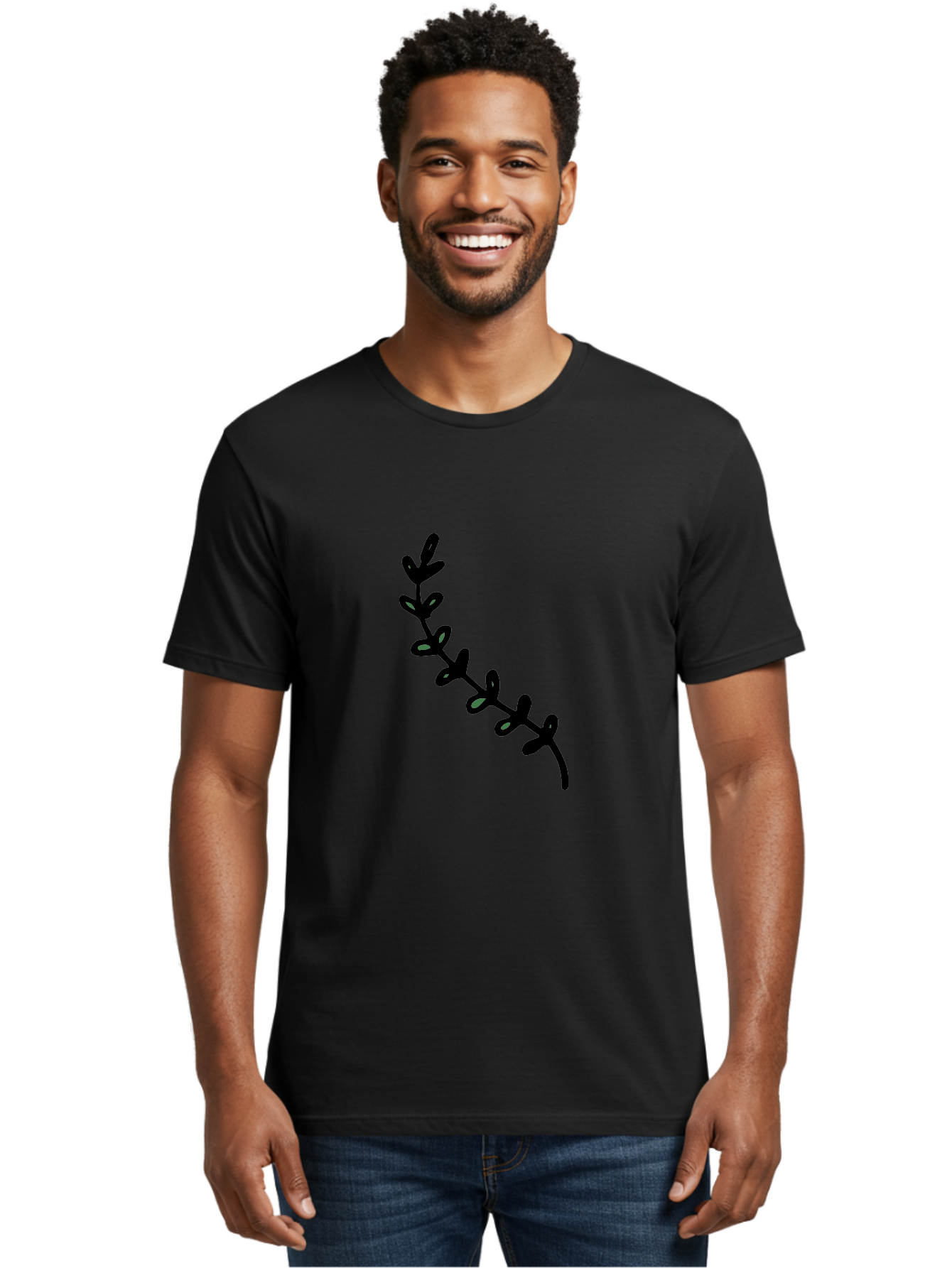Leafy-Branch Men'S Graphic Tee, 100% Cotton, Comfortable Casual Summer Wear, Machine Washable, Simple Vine, Curved Stem, Black Leaves, Grey Highlights, Digital Art, Minimalist Design, Simple Shapes, Modern Illustration, Stylized Foliage, -  Aaa966