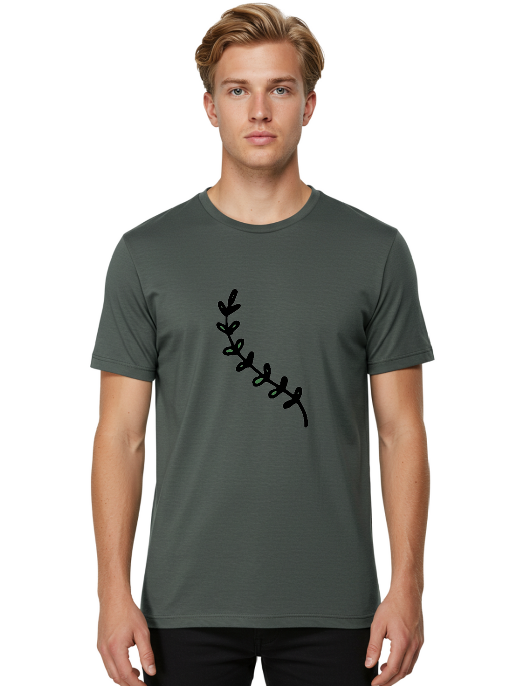 Leafy-Branch Men'S Graphic Tee, 100% Cotton, Comfortable Casual Summer Wear, Machine Washable, Simple Vine, Curved Stem, Black Leaves, Grey Highlights, Digital Art, Minimalist Design, Simple Shapes, Modern Illustration, Stylized Foliage, -  Aaa966