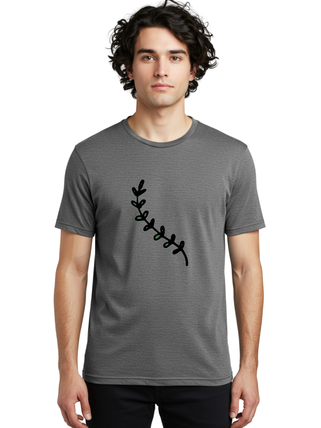 Leafy-Branch Men'S Graphic Tee, 100% Cotton, Comfortable Casual Summer Wear, Machine Washable, Simple Vine, Curved Stem, Black Leaves, Grey Highlights, Digital Art, Minimalist Design, Simple Shapes, Modern Illustration, Stylized Foliage, -  Aaa966