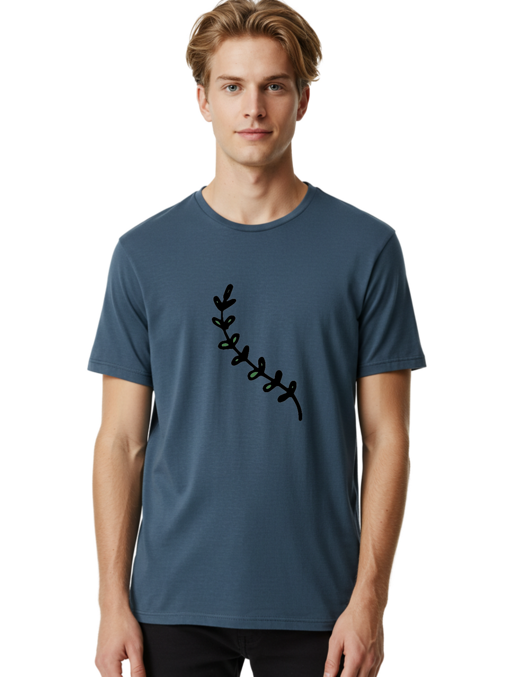 Leafy-Branch Men'S Graphic Tee, 100% Cotton, Comfortable Casual Summer Wear, Machine Washable, Simple Vine, Curved Stem, Black Leaves, Grey Highlights, Digital Art, Minimalist Design, Simple Shapes, Modern Illustration, Stylized Foliage, -  Aaa966