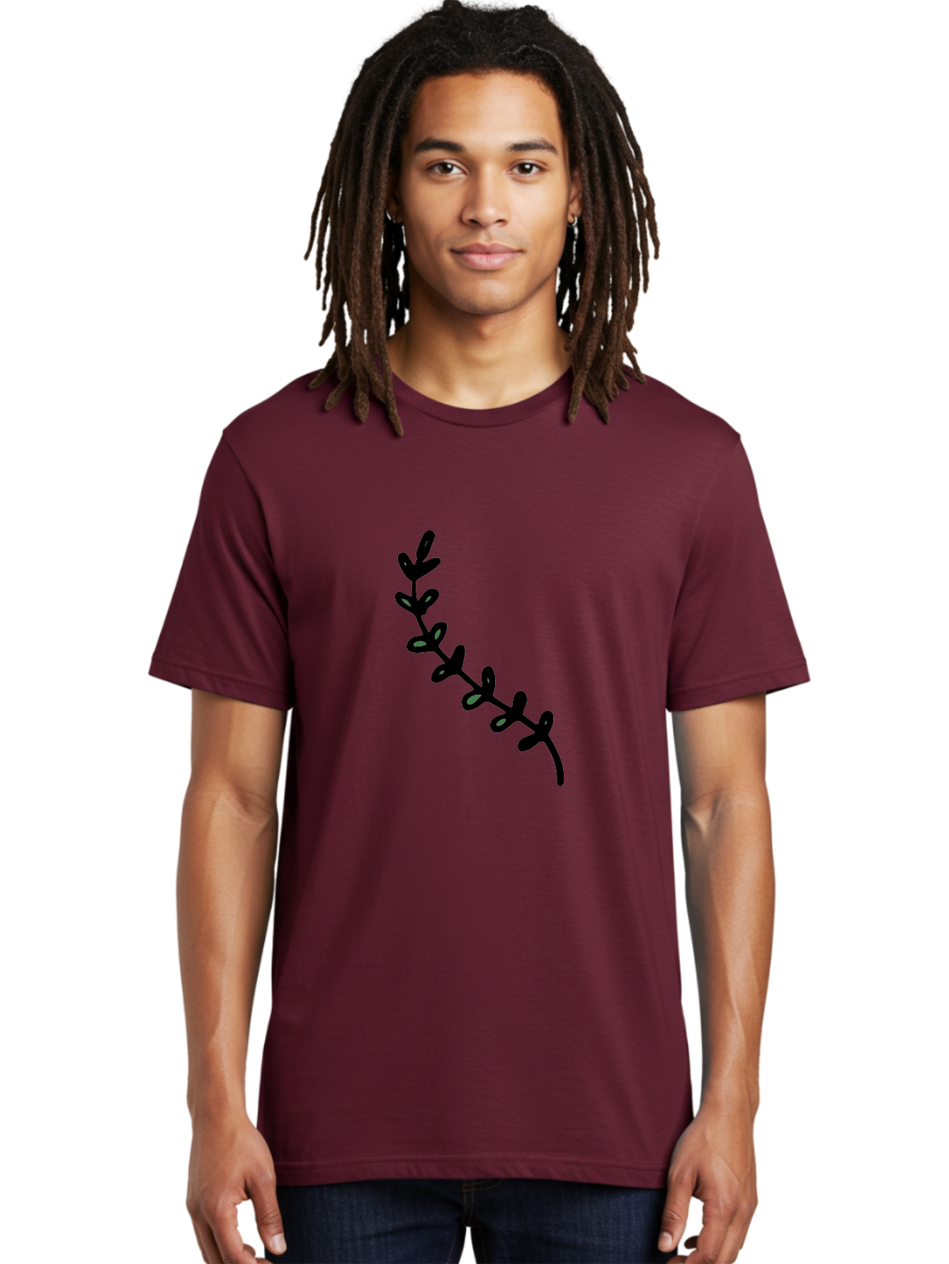 Leafy-Branch Men'S Graphic Tee, 100% Cotton, Comfortable Casual Summer Wear, Machine Washable, Simple Vine, Curved Stem, Black Leaves, Grey Highlights, Digital Art, Minimalist Design, Simple Shapes, Modern Illustration, Stylized Foliage, -  Aaa966