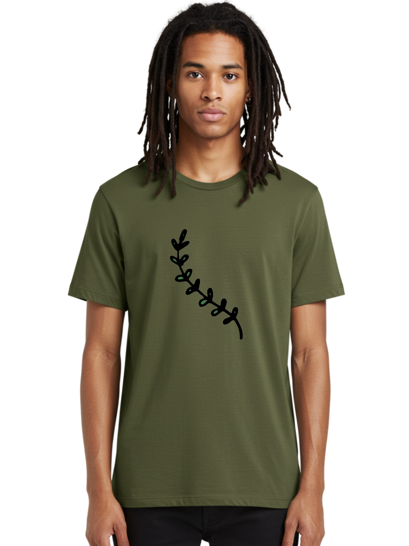 Leafy-Branch Men'S Graphic Tee, 100% Cotton, Comfortable Casual Summer Wear, Machine Washable, Simple Vine, Curved Stem, Black Leaves, Grey Highlights, Digital Art, Minimalist Design, Simple Shapes, Modern Illustration, Stylized Foliage, -  Aaa966