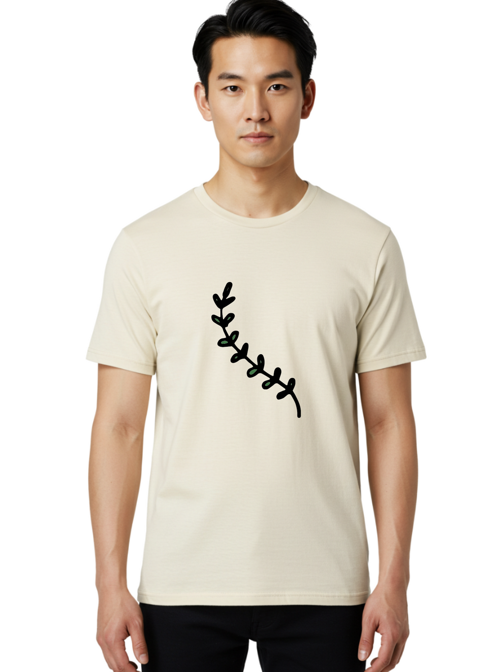 Leafy-Branch Men'S Graphic Tee, 100% Cotton, Comfortable Casual Summer Wear, Machine Washable, Simple Vine, Curved Stem, Black Leaves, Grey Highlights, Digital Art, Minimalist Design, Simple Shapes, Modern Illustration, Stylized Foliage, -  Aaa966