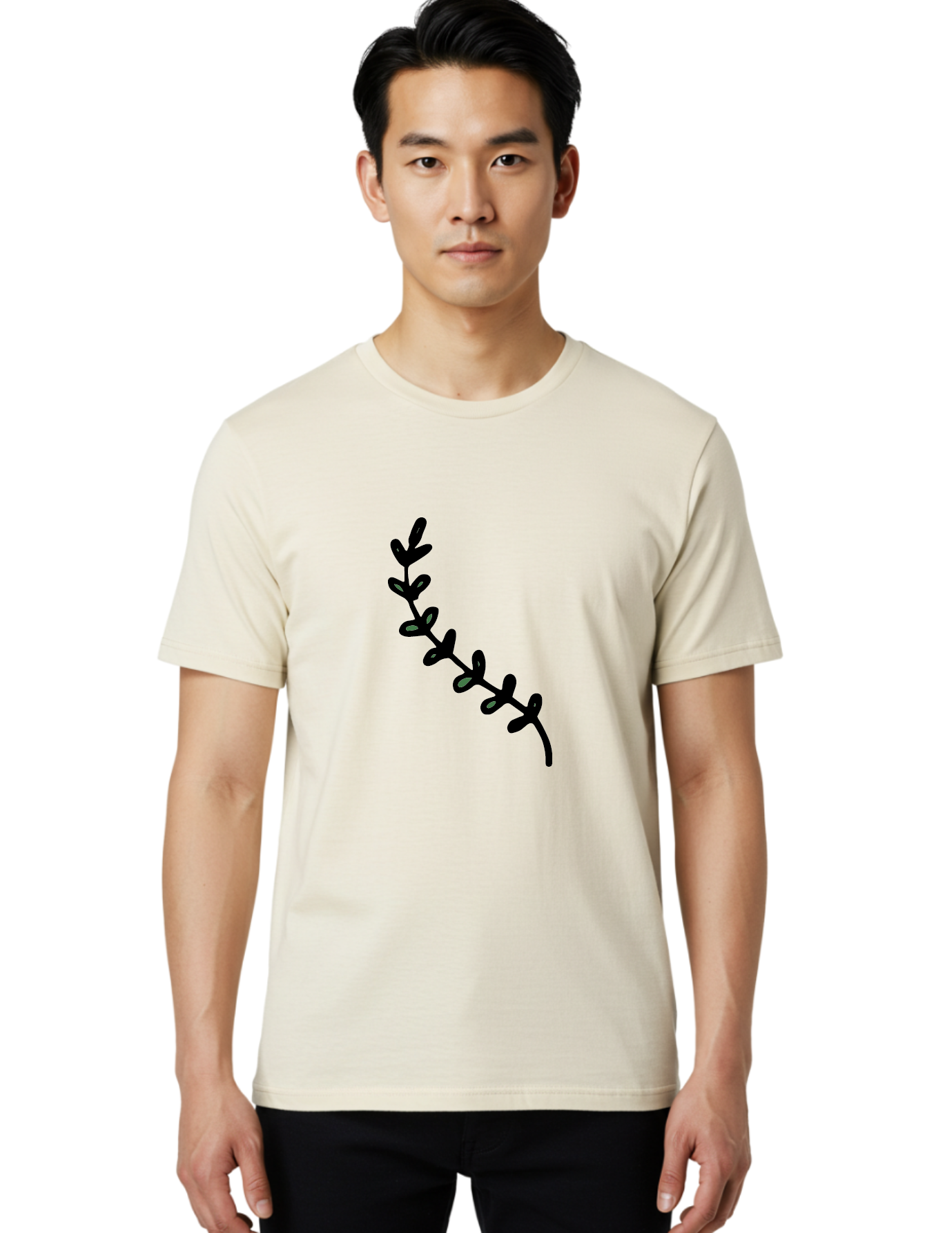 Leafy-Branch Men'S Graphic Tee, 100% Cotton, Comfortable Casual Summer Wear, Machine Washable, Simple Vine, Curved Stem, Black Leaves, Grey Highlights, Digital Art, Minimalist Design, Simple Shapes, Modern Illustration, Stylized Foliage, -  Aaa966