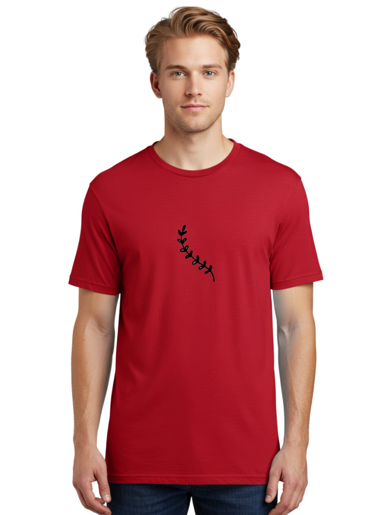 Leafy-Branch Men'S Graphic Tee, 100% Cotton, Comfortable Casual Summer Wear, Machine Washable, Simple Vine, Curved Stem, Black Leaves, Grey Highlights, Digital Art, Minimalist Design, Simple Shapes, Modern Illustration, Stylized Foliage, -  Aaa966