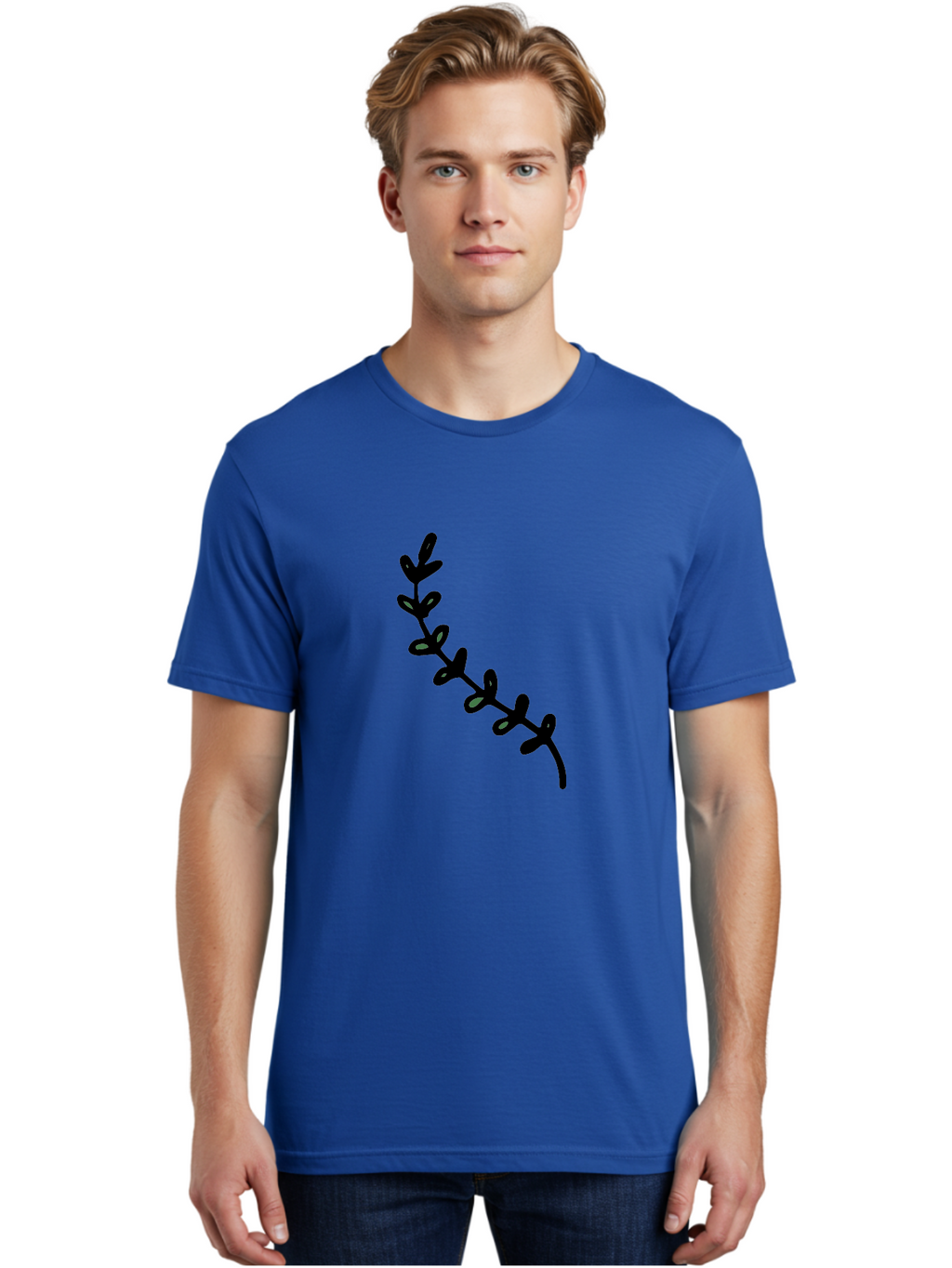 Leafy-Branch Men'S Graphic Tee, 100% Cotton, Comfortable Casual Summer Wear, Machine Washable, Simple Vine, Curved Stem, Black Leaves, Grey Highlights, Digital Art, Minimalist Design, Simple Shapes, Modern Illustration, Stylized Foliage, -  Aaa966