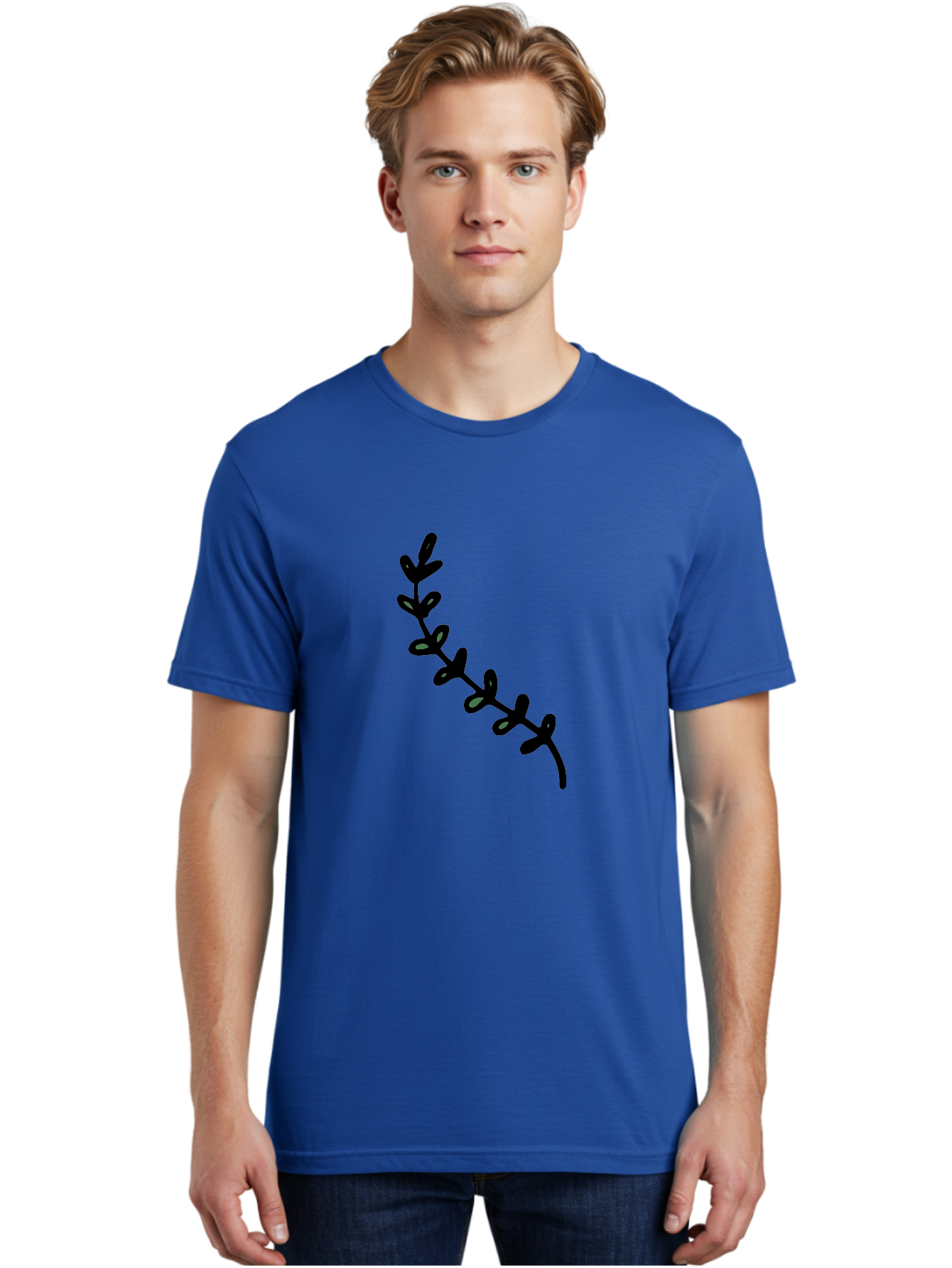 Leafy-Branch Men'S Graphic Tee, 100% Cotton, Comfortable Casual Summer Wear, Machine Washable, Simple Vine, Curved Stem, Black Leaves, Grey Highlights, Digital Art, Minimalist Design, Simple Shapes, Modern Illustration, Stylized Foliage, -  Aaa966