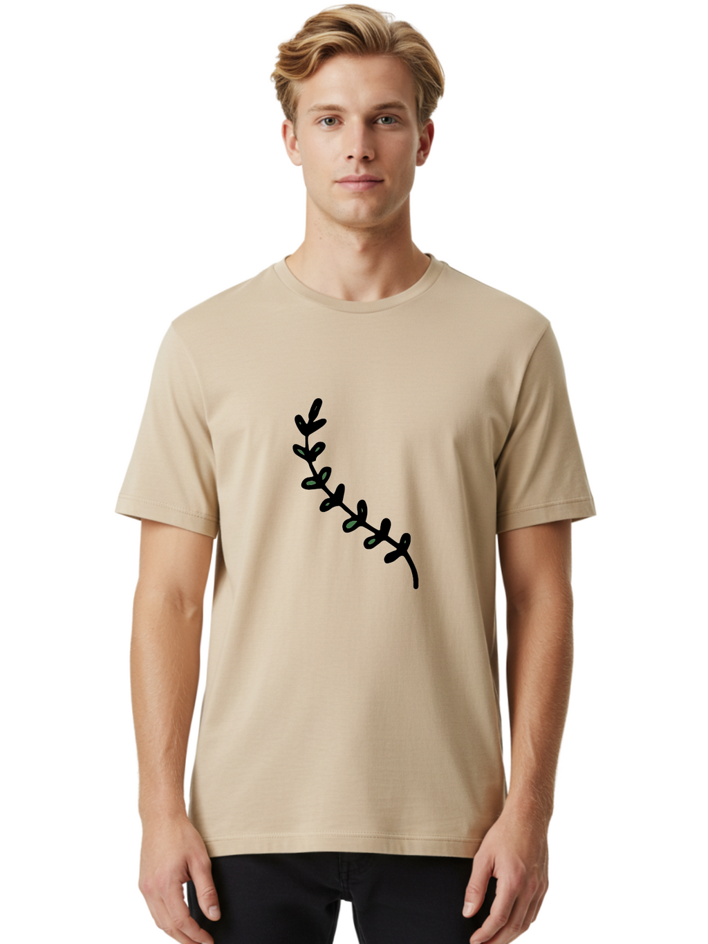 Leafy-Branch Men'S Graphic Tee, 100% Cotton, Comfortable Casual Summer Wear, Machine Washable, Simple Vine, Curved Stem, Black Leaves, Grey Highlights, Digital Art, Minimalist Design, Simple Shapes, Modern Illustration, Stylized Foliage, -  Aaa966