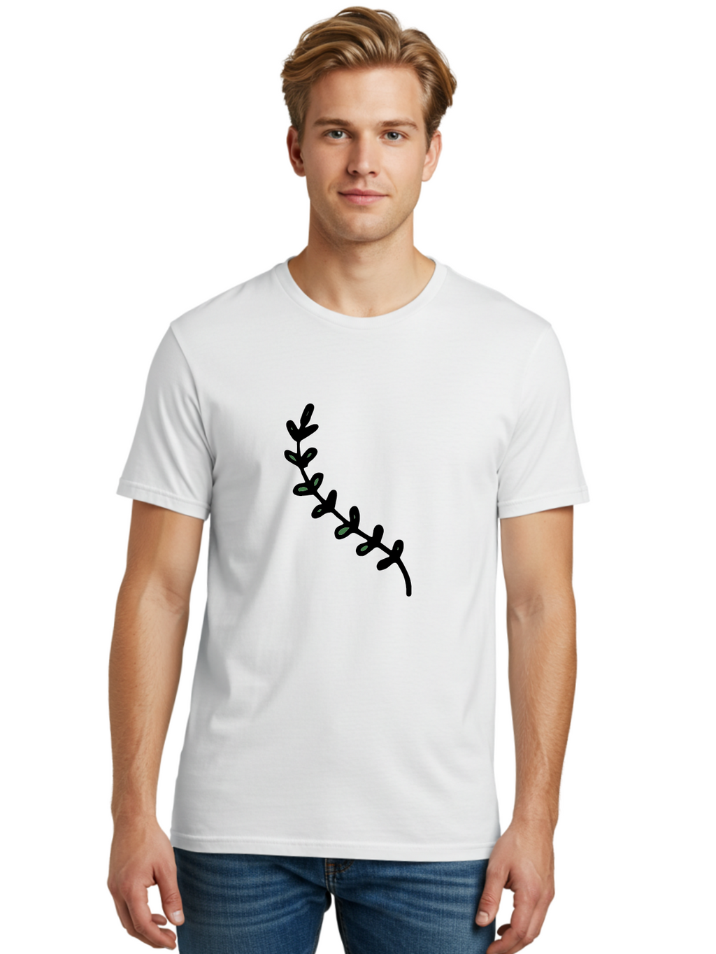 Leafy-Branch Men'S Graphic Tee, 100% Cotton, Comfortable Casual Summer Wear, Machine Washable, Simple Vine, Curved Stem, Black Leaves, Grey Highlights, Digital Art, Minimalist Design, Simple Shapes, Modern Illustration, Stylized Foliage, -  Aaa966