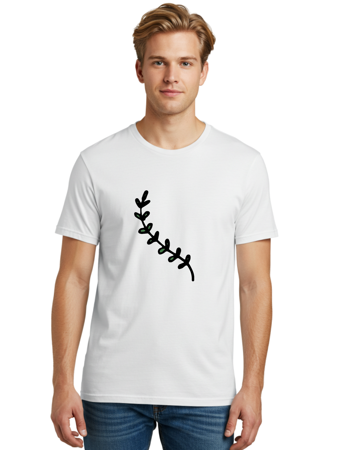 Leafy-Branch Men'S Graphic Tee, 100% Cotton, Comfortable Casual Summer Wear, Machine Washable, Simple Vine, Curved Stem, Black Leaves, Grey Highlights, Digital Art, Minimalist Design, Simple Shapes, Modern Illustration, Stylized Foliage, -  Aaa966