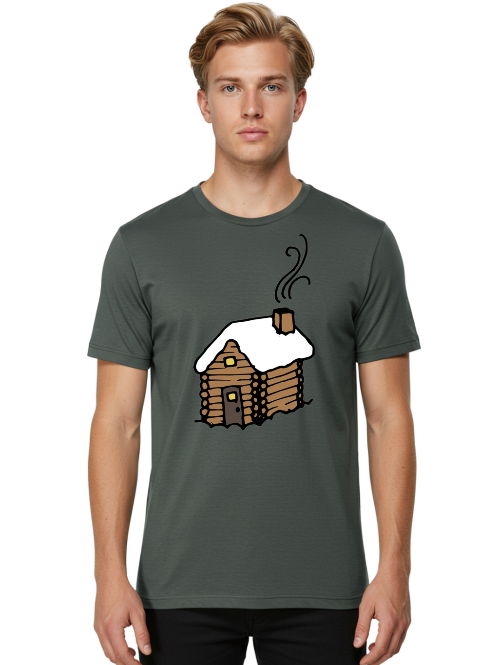 Log-Cabin Men'S Graphic Tee, 100% Cotton, Comfortable Casual Summer Wear, Machine Washable, Cozy Log Cabin, Snow-Covered Roof, Warm Fireplace, Snowy Landscape, Winter Wonderland, Rustic Charm, Cabin In The Woods -  Aaa972