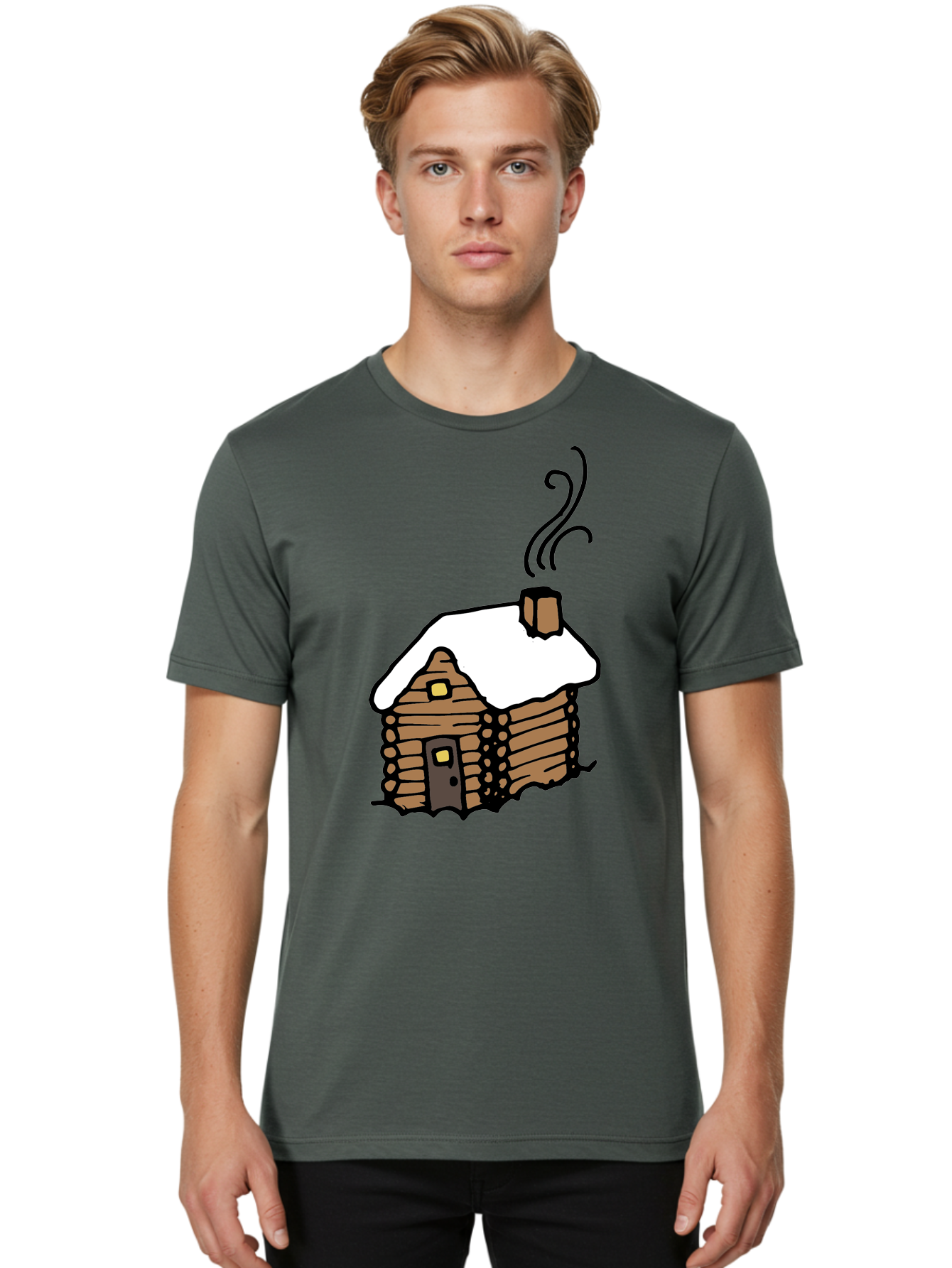 Log-Cabin Men'S Graphic Tee, 100% Cotton, Comfortable Casual Summer Wear, Machine Washable, Cozy Log Cabin, Snow-Covered Roof, Warm Fireplace, Snowy Landscape, Winter Wonderland, Rustic Charm, Cabin In The Woods -  Aaa972