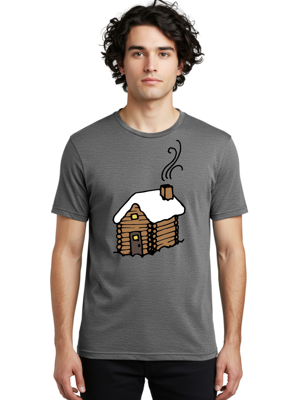 Log-Cabin Men'S Graphic Tee, 100% Cotton, Comfortable Casual Summer Wear, Machine Washable, Cozy Log Cabin, Snow-Covered Roof, Warm Fireplace, Snowy Landscape, Winter Wonderland, Rustic Charm, Cabin In The Woods -  Aaa972