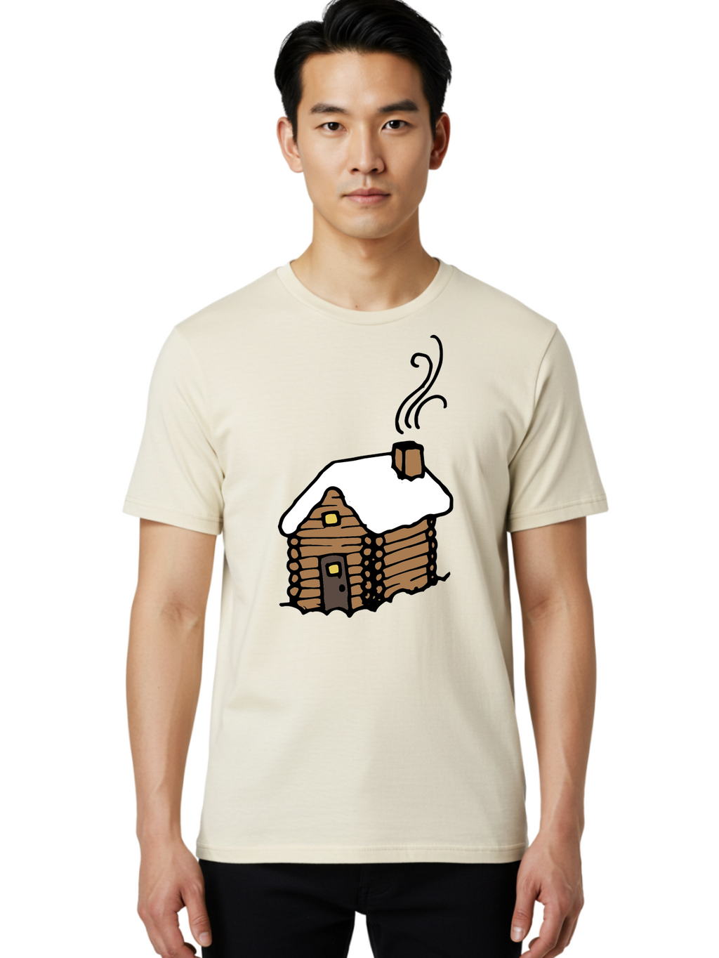 Log-Cabin Men'S Graphic Tee, 100% Cotton, Comfortable Casual Summer Wear, Machine Washable, Cozy Log Cabin, Snow-Covered Roof, Warm Fireplace, Snowy Landscape, Winter Wonderland, Rustic Charm, Cabin In The Woods -  Aaa972