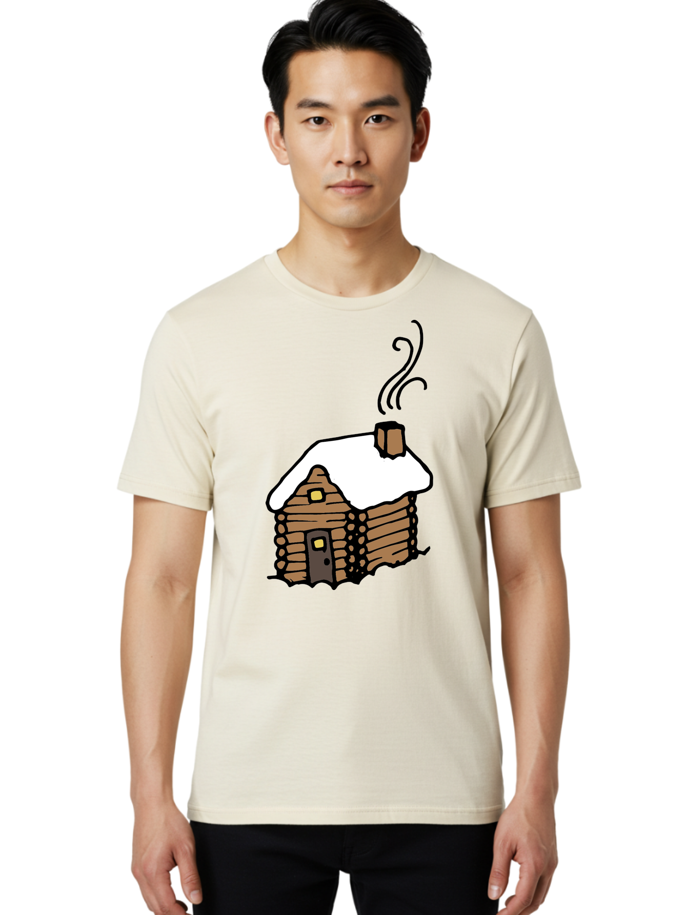 Log-Cabin Men'S Graphic Tee, 100% Cotton, Comfortable Casual Summer Wear, Machine Washable, Cozy Log Cabin, Snow-Covered Roof, Warm Fireplace, Snowy Landscape, Winter Wonderland, Rustic Charm, Cabin In The Woods -  Aaa972