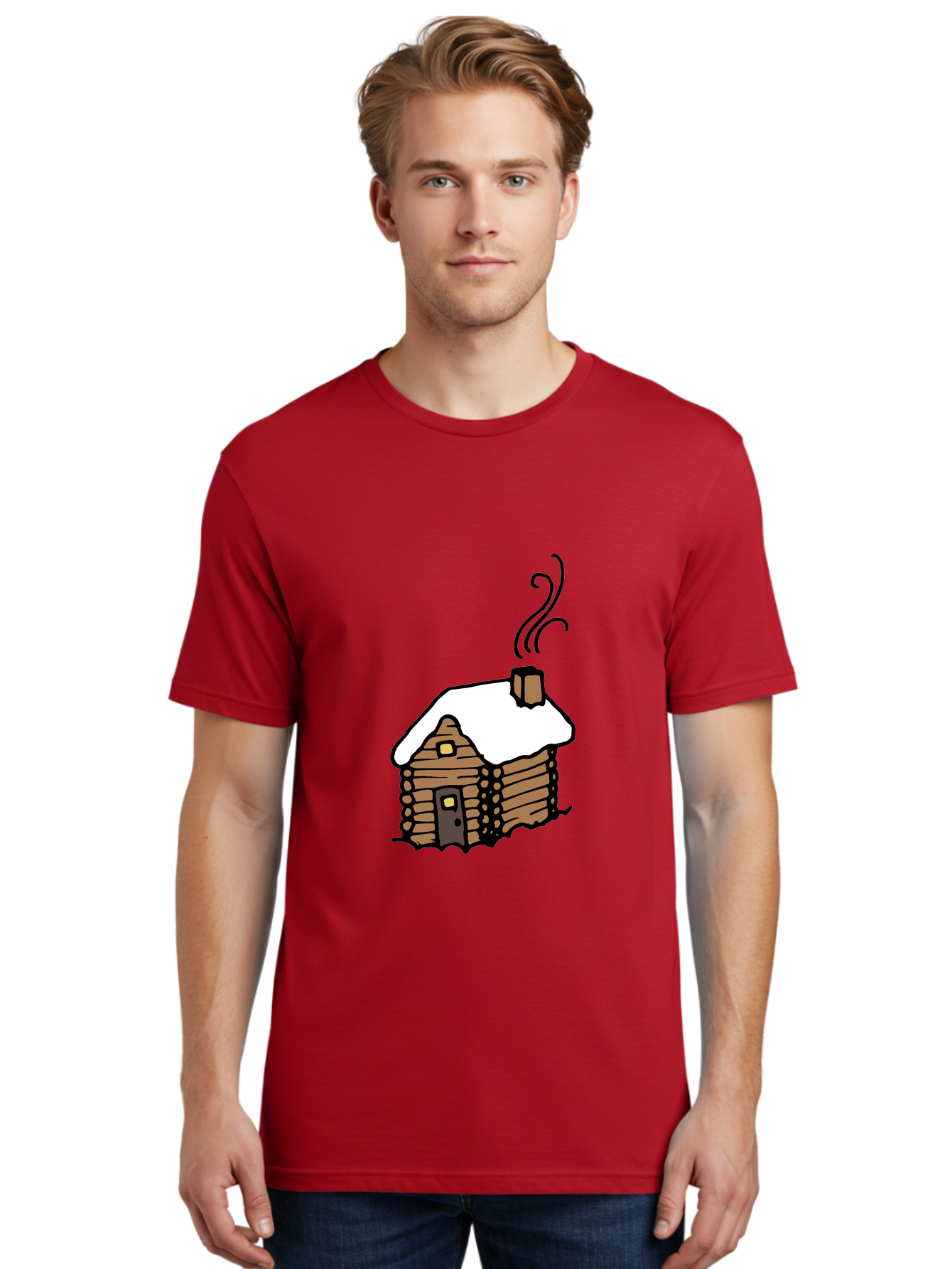 Log-Cabin Men'S Graphic Tee, 100% Cotton, Comfortable Casual Summer Wear, Machine Washable, Cozy Log Cabin, Snow-Covered Roof, Warm Fireplace, Snowy Landscape, Winter Wonderland, Rustic Charm, Cabin In The Woods -  Aaa972