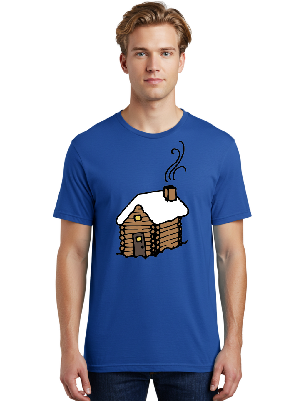 Log-Cabin Men'S Graphic Tee, 100% Cotton, Comfortable Casual Summer Wear, Machine Washable, Cozy Log Cabin, Snow-Covered Roof, Warm Fireplace, Snowy Landscape, Winter Wonderland, Rustic Charm, Cabin In The Woods -  Aaa972
