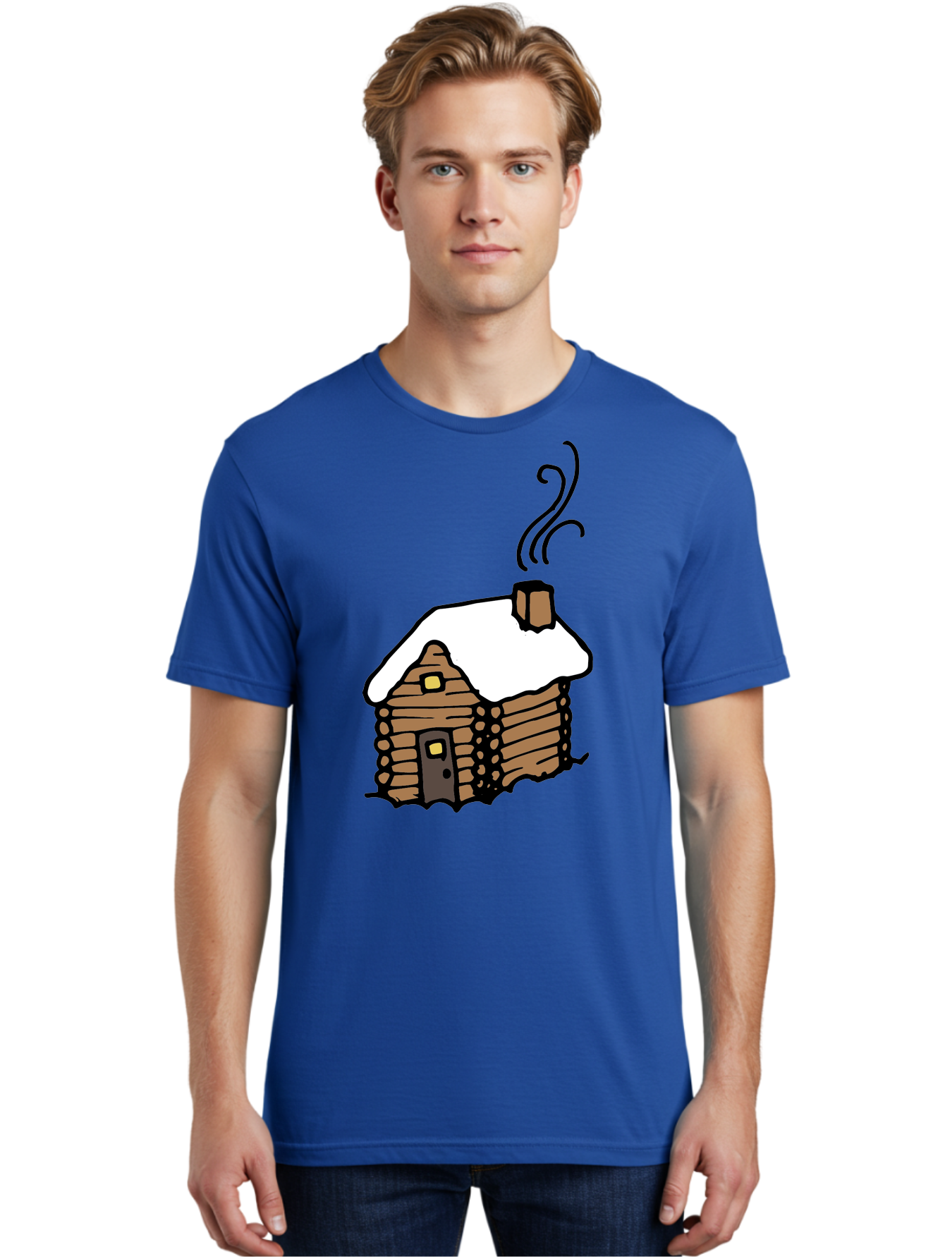 Log-Cabin Men'S Graphic Tee, 100% Cotton, Comfortable Casual Summer Wear, Machine Washable, Cozy Log Cabin, Snow-Covered Roof, Warm Fireplace, Snowy Landscape, Winter Wonderland, Rustic Charm, Cabin In The Woods -  Aaa972