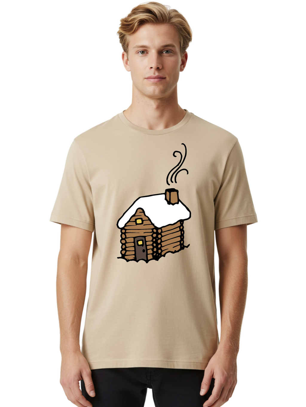 Log-Cabin Men'S Graphic Tee, 100% Cotton, Comfortable Casual Summer Wear, Machine Washable, Cozy Log Cabin, Snow-Covered Roof, Warm Fireplace, Snowy Landscape, Winter Wonderland, Rustic Charm, Cabin In The Woods -  Aaa972