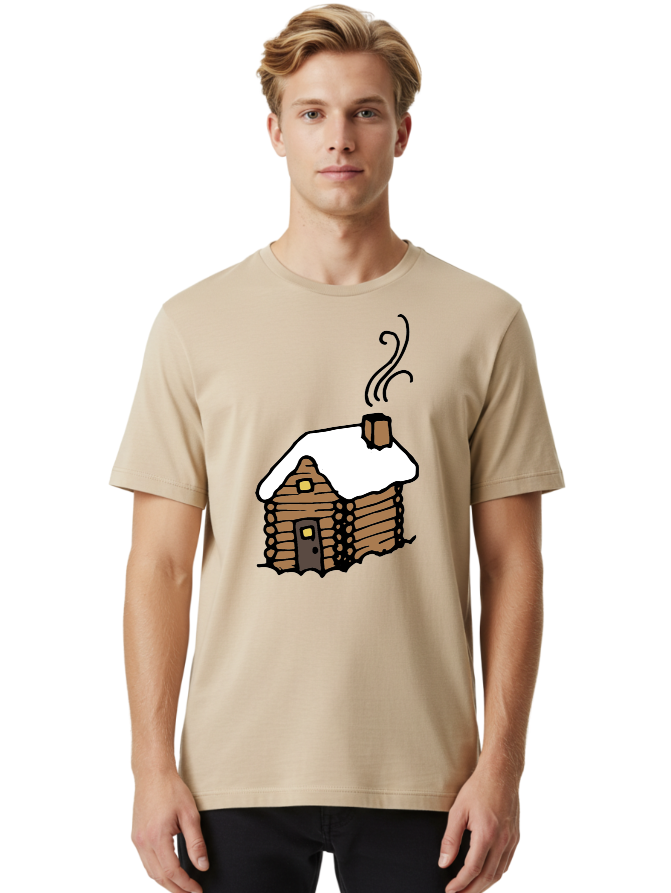 Log-Cabin Men'S Graphic Tee, 100% Cotton, Comfortable Casual Summer Wear, Machine Washable, Cozy Log Cabin, Snow-Covered Roof, Warm Fireplace, Snowy Landscape, Winter Wonderland, Rustic Charm, Cabin In The Woods -  Aaa972