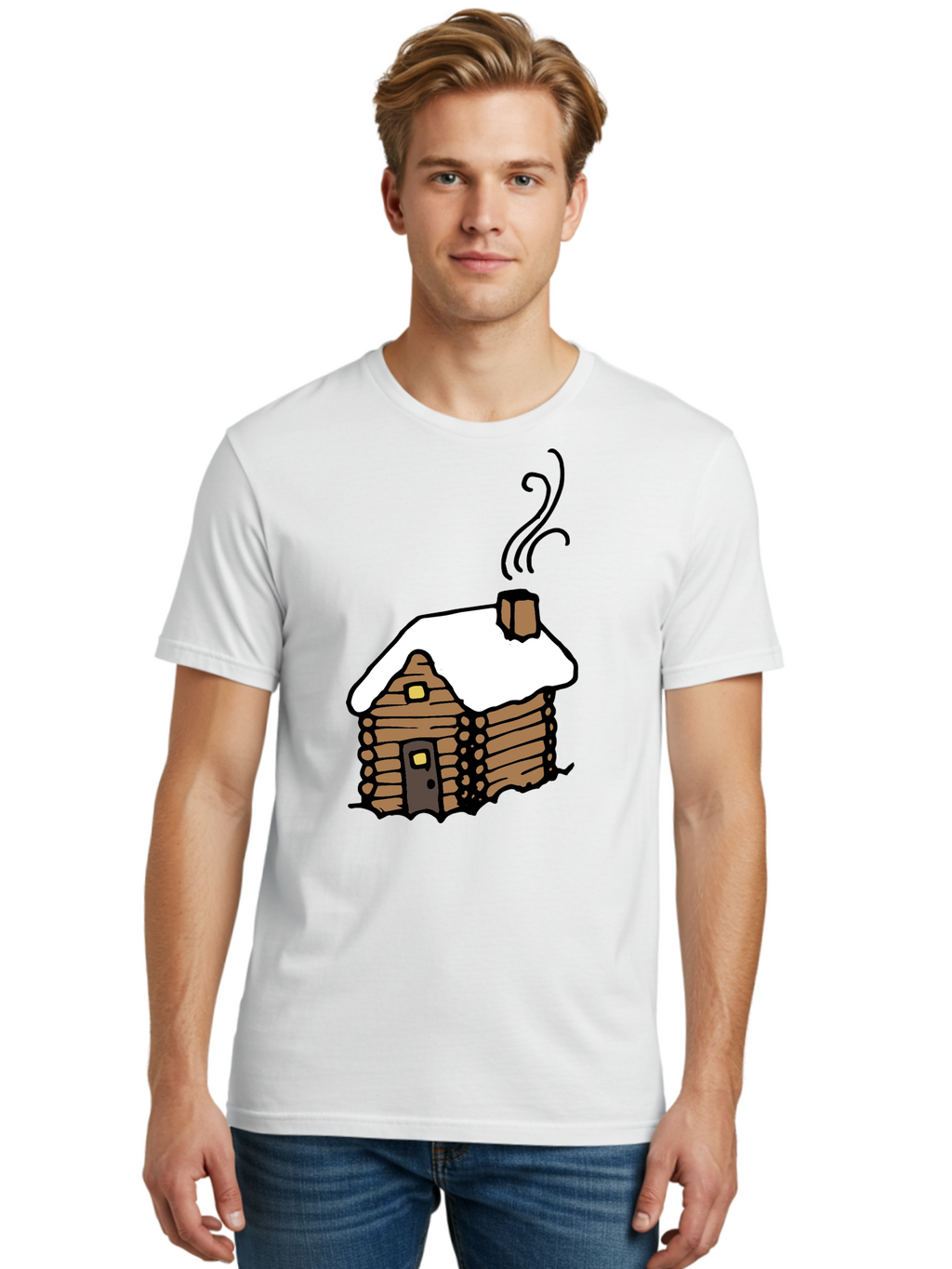 Log-Cabin Men'S Graphic Tee, 100% Cotton, Comfortable Casual Summer Wear, Machine Washable, Cozy Log Cabin, Snow-Covered Roof, Warm Fireplace, Snowy Landscape, Winter Wonderland, Rustic Charm, Cabin In The Woods -  Aaa972